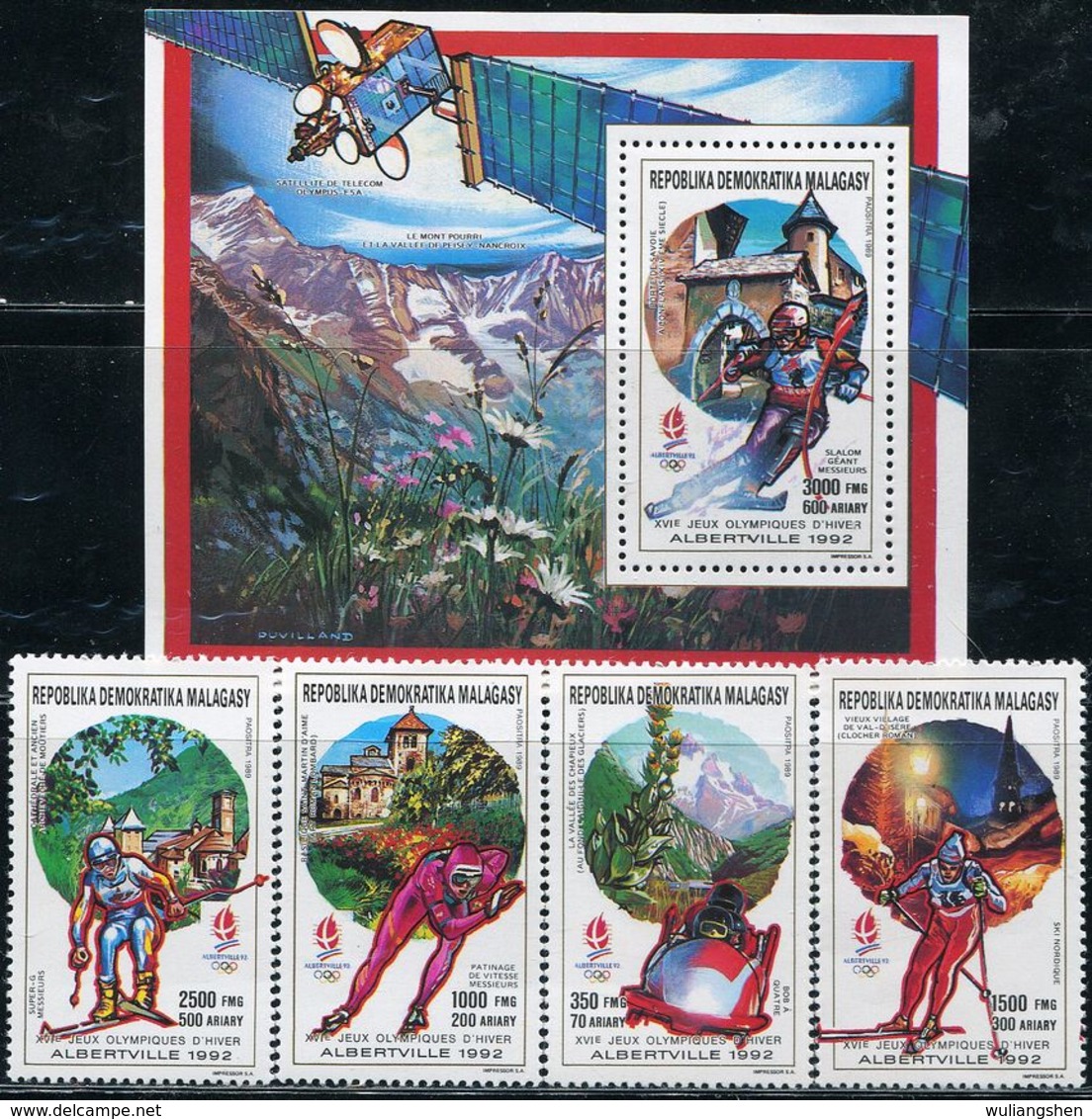 AT3825 Malagasy 1992 Winter Olympics Skiing, Etc. 4V + M MNH - Hiver