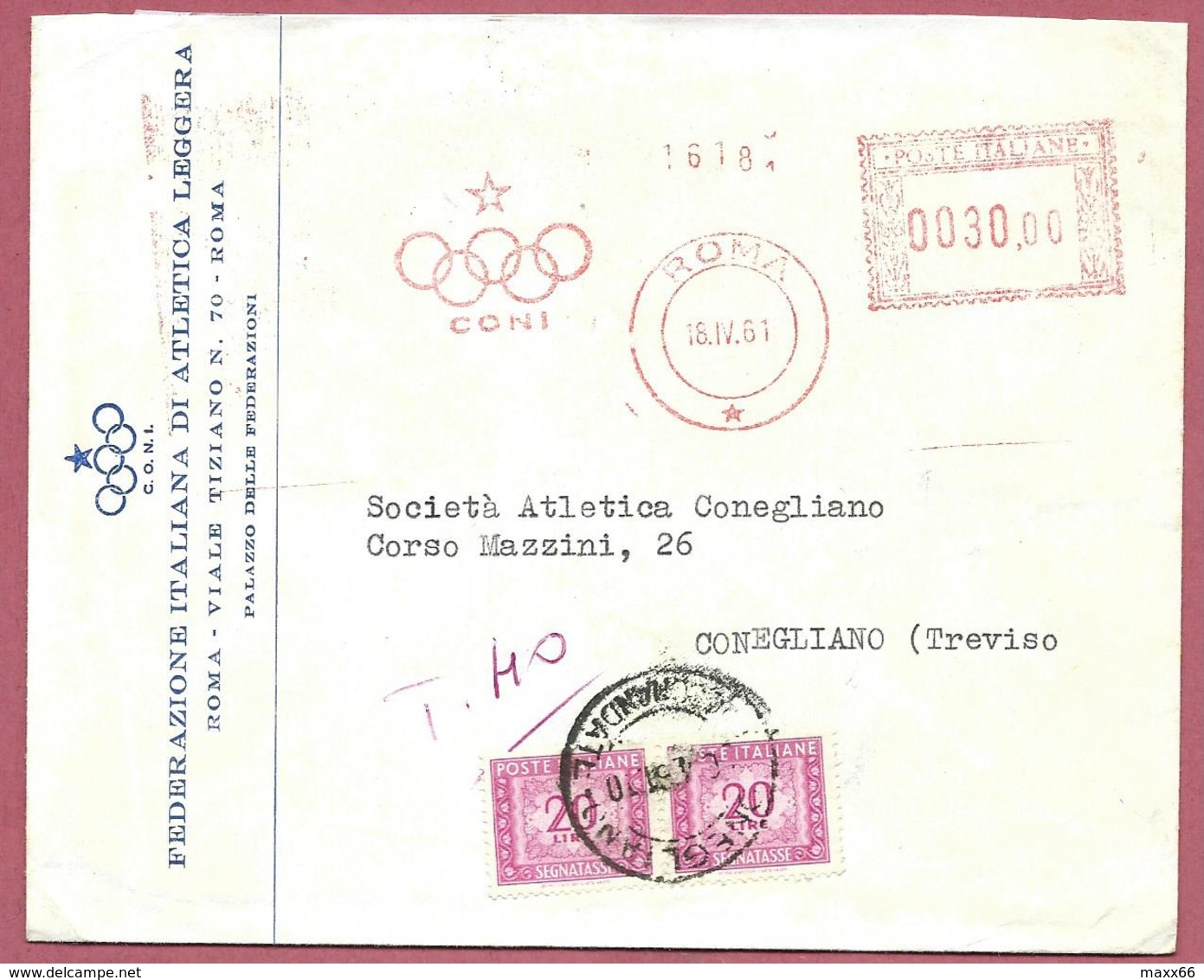 BUSTA VG ITALIA - TASSATA Federazione Atletica Leggera CONI - 12 X 15 - ANN. 1961 ROMA CONEGLIANO ATM MECCANICA ROSSA - Franking Machines (EMA)