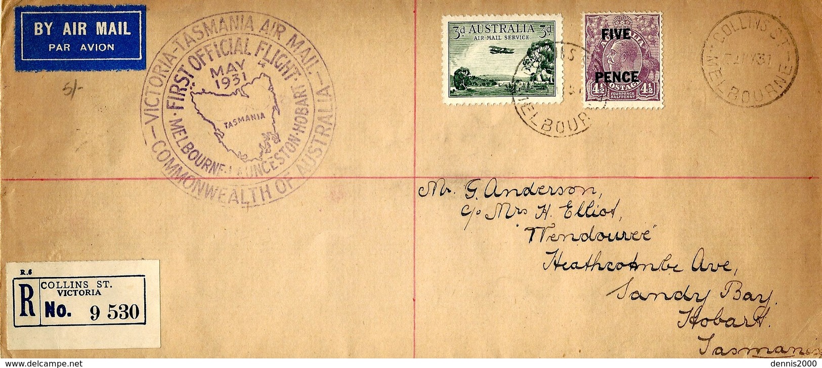 2 May 31 - Reg. Cover " First Official Flight  VICTORIA_ TASMANIA AIR MAIL " Nice Franking - Covers & Documents