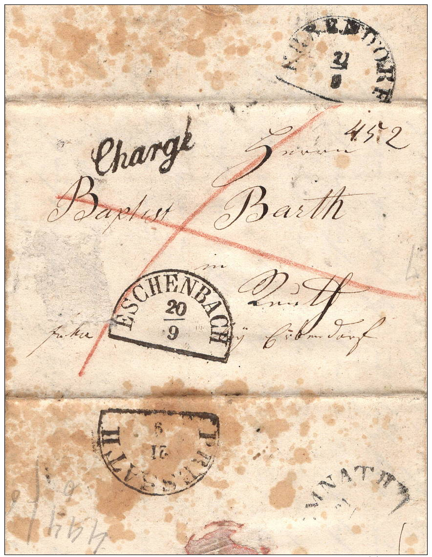 ESCHENBACH: Lettre Avec Correspondance 1853, Pour PRESSATH  Linéaire "CHARGE" - Marcophilie