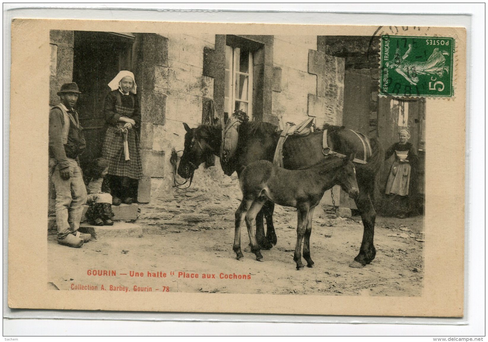 56 GOURIN Carte RARE Coll A Barbey Num 78-  Une Halte Place Aux Cochons Villageois Cheval Et Poulain  1913 Ti/D23-S2018 - Gourin