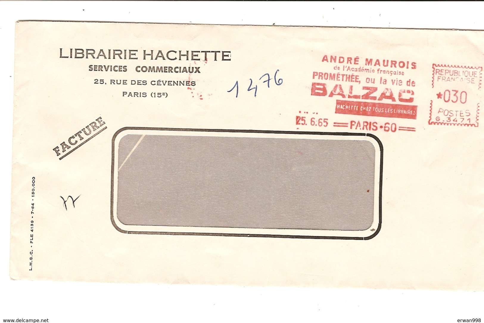 75 PARIS EMA Rouge Du 25/6/1965 André MAUROIS "Prométhée Ou La Vie De BALZAC" Ecrivain Librairie Hachette 535 - EMA (Empreintes Machines à Affranchir)