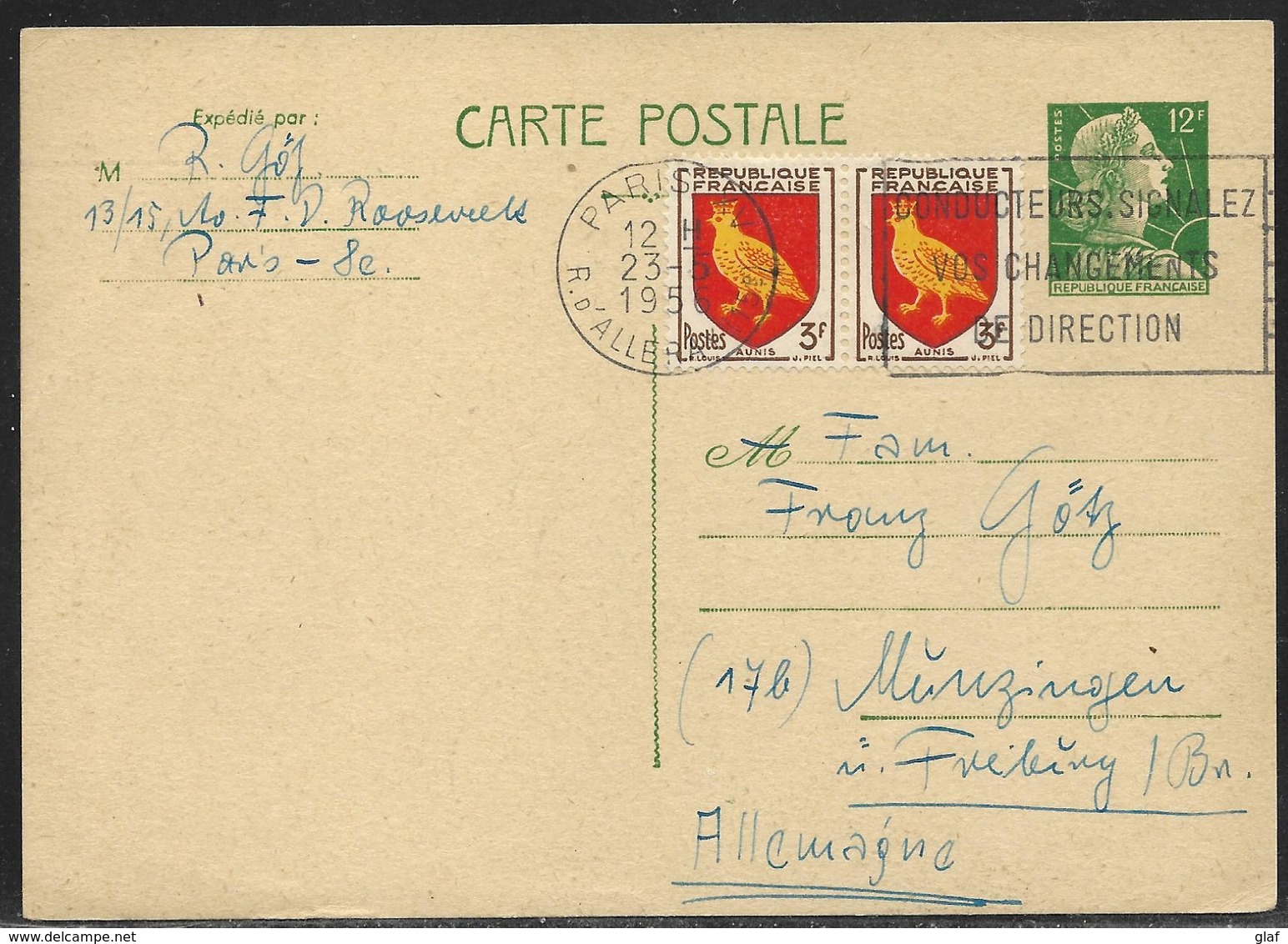 Entier Postal Carte Postale 12 F Marianne De Muller + 2 X 3 F Blason D’Aunis Pour L’Allemagne, Secap Paris XV 25.3.1956 - 1955-1961 Marianne De Muller