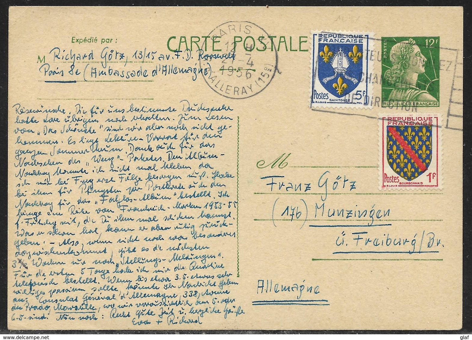 Entier Postal Carte Postale 12 F Marianne De Muller + 1 F Bourbonnais Et 5 F Saintonge Pour L’Allemagne, Secap Paris XV - 1955-1961 Marianne De Muller