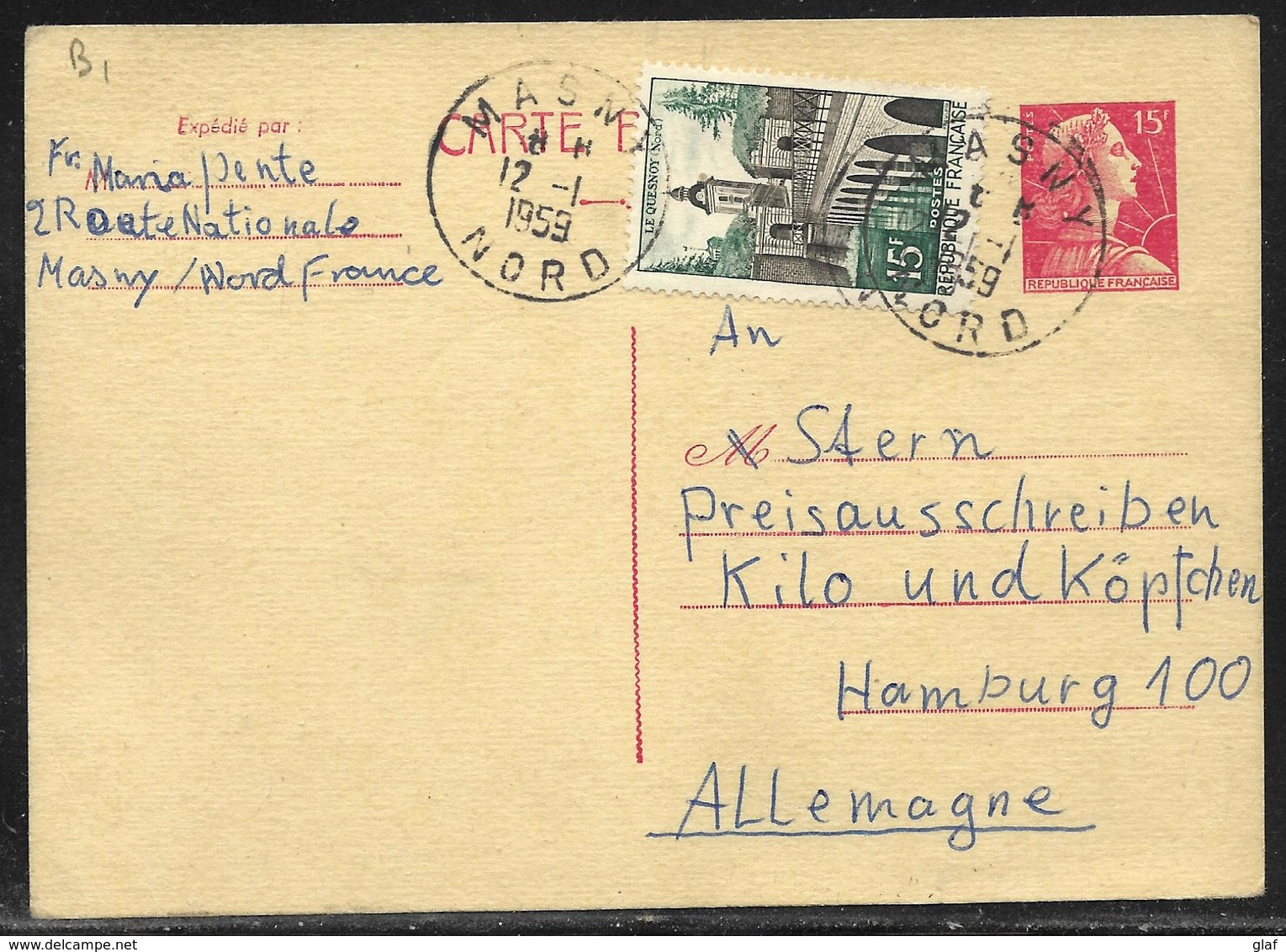 Entier Postal Carte Postale 15 F Marianne De Muller + 15 F Le Quesnoy Pour L’Allemagne, Tàd Masny / Nord 12.1.1959 - 1955-1961 Marianne Of Muller