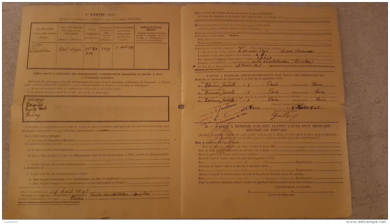 DEMANDE D'ALLOCATION DE L'INDEMNITE FORFAITAIRE  VOIR TOUS LES SCANS R1 - 1939-45