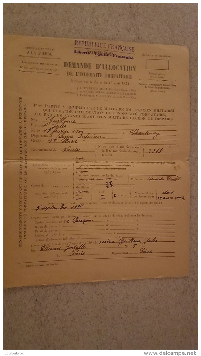 DEMANDE D'ALLOCATION DE L'INDEMNITE FORFAITAIRE  VOIR TOUS LES SCANS - 1939-45