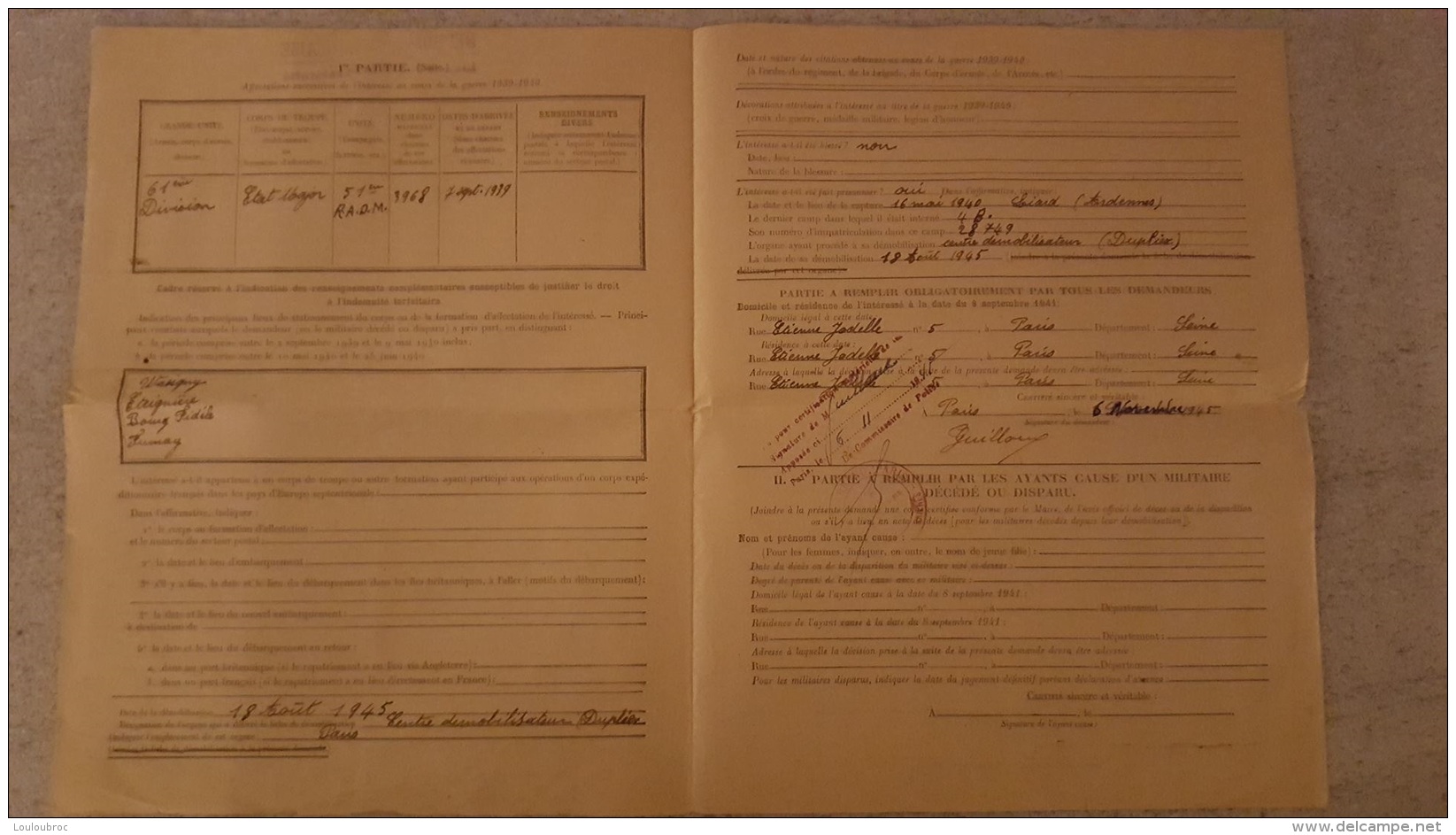 DEMANDE D'ALLOCATION DE L'INDEMNITE FORFAITAIRE  VOIR TOUS LES SCANS - 1939-45