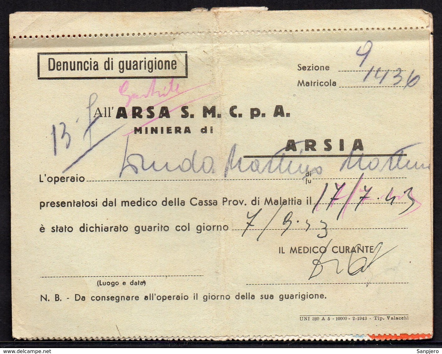 ITALY ITALIA ARSIA POLA 1943. ARSA S.M.C.P.A. MINIERA DI ARSIA - Documenti Storici