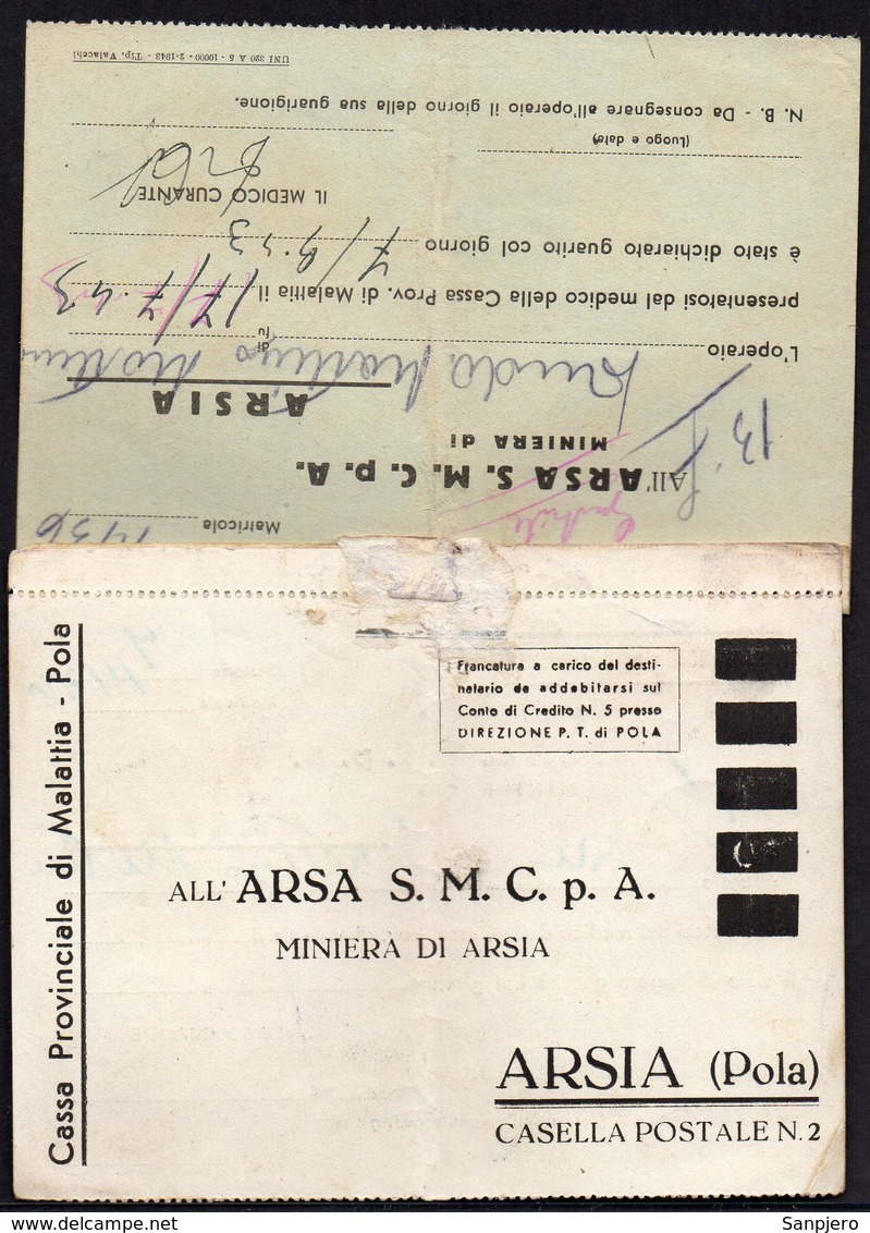 ITALY ITALIA ARSIA POLA 1943. ARSA S.M.C.P.A. MINIERA DI ARSIA - Documenti Storici