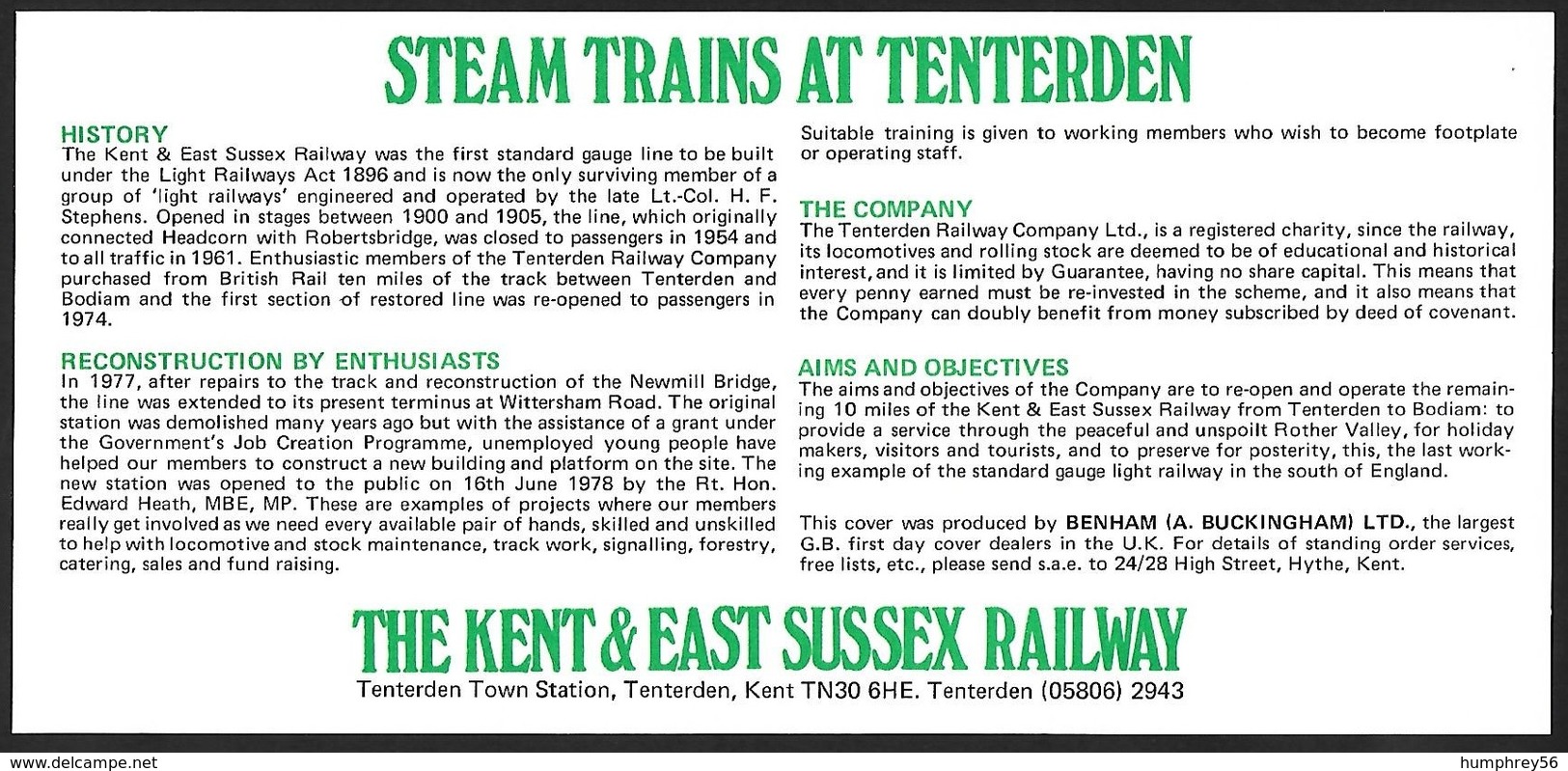 1979 - GREAT BRITAIN - FDC Kent & East Sussex Railway + SG 1092+Railway Letter + TENTERDEN - Chemins De Fer & Colis Postaux