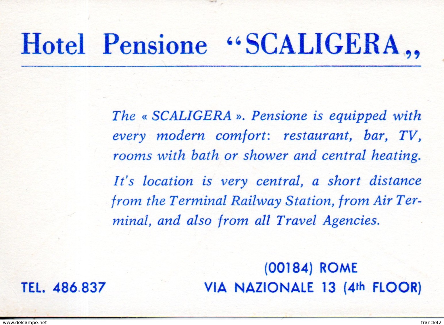 Hotel Pensione SCALIGERA. Via Nazionale 13. ROME - Cartes De Visite