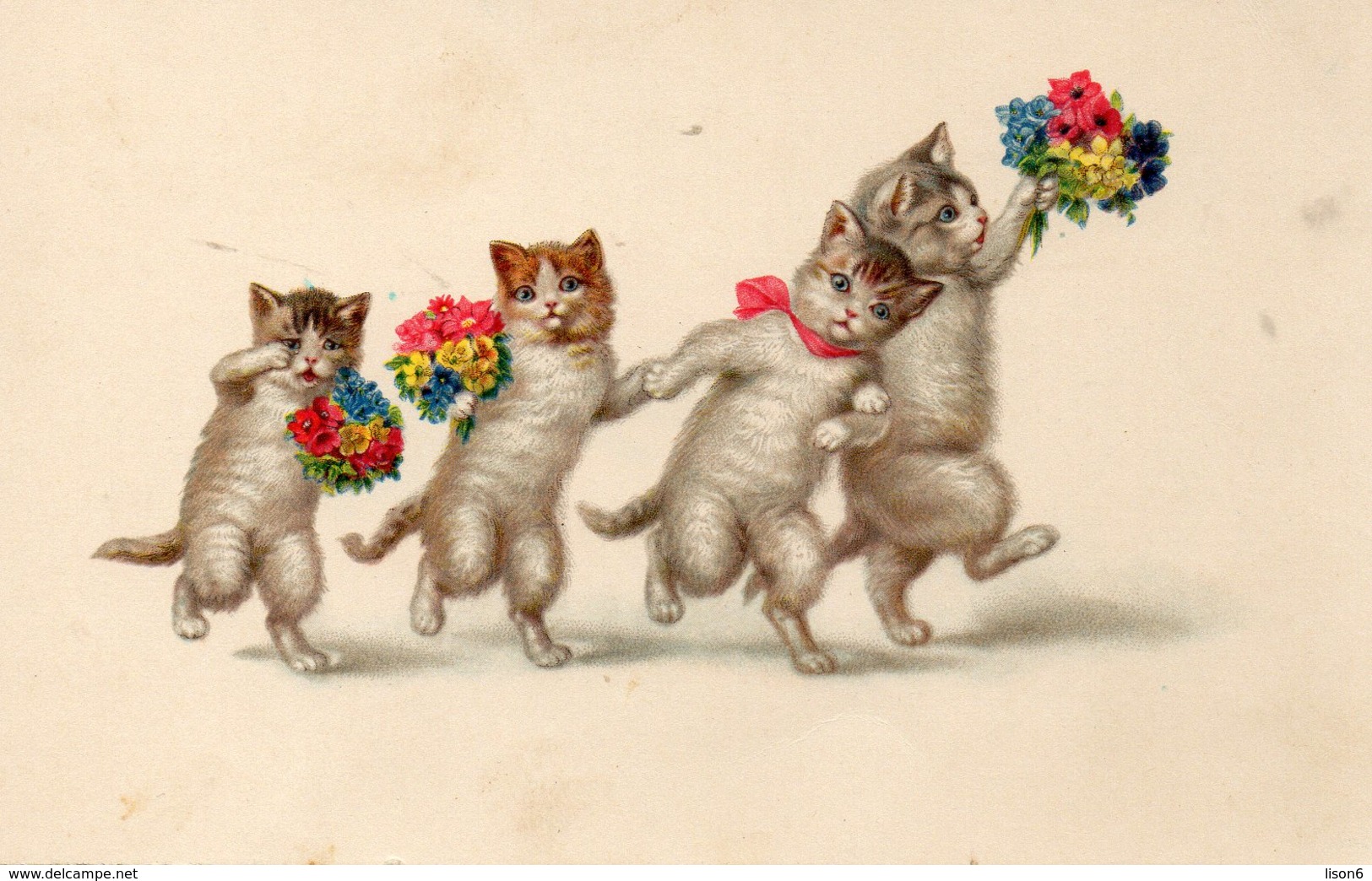 Vends Carte ' CHATS HUMANISES '    Porteurs De Fleurs - Katzen