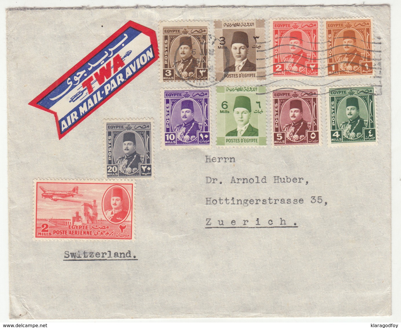 Egypt Letter Cover Travelled Air Mail TWA 194? To Switzerland B181010 - Covers & Documents