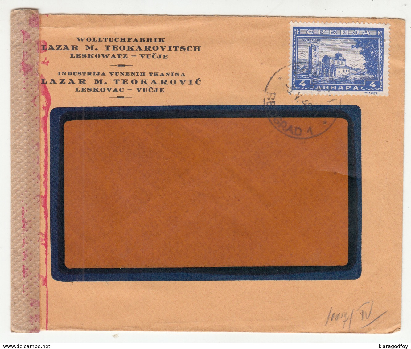 Serbia Lazar M. Teokarovitsch Leskowatz Company Letter Cover Travelled 1943 - Censored B B181010 - Occupazione 1938 – 45