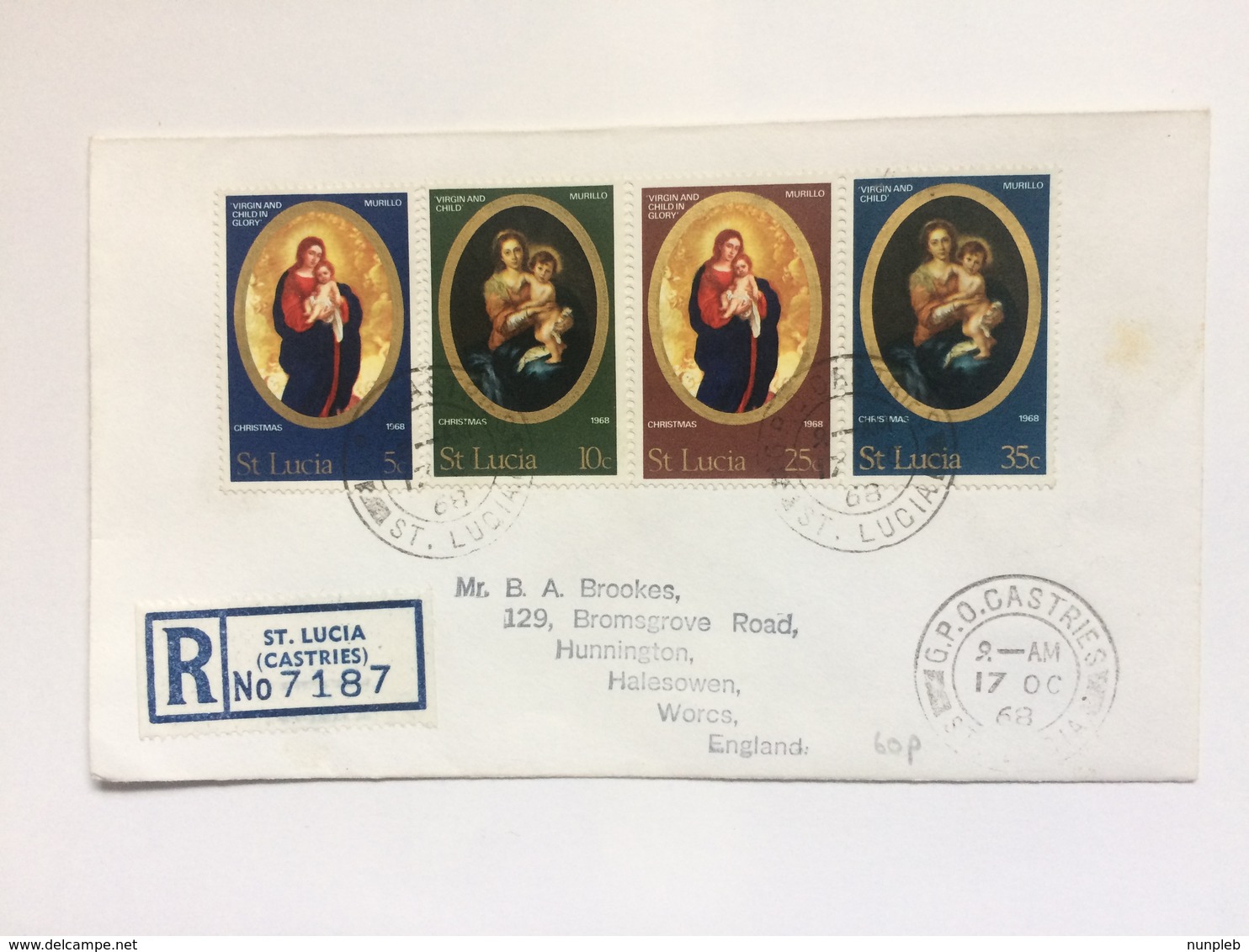 ST. LUCIA - 1968 Christmas FDC Registered Castries To England - Ste Lucie (...-1978)