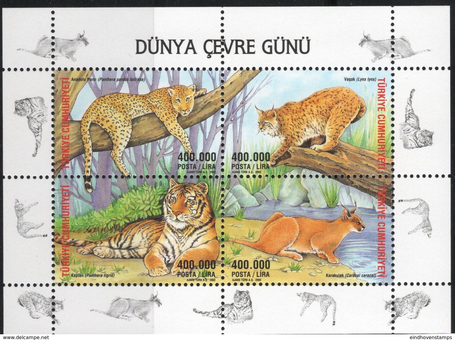 Turkey 2002 Big Cats Block MNH Panthera, Lynx, Tiger, Caracal - Big Cats (cats Of Prey)