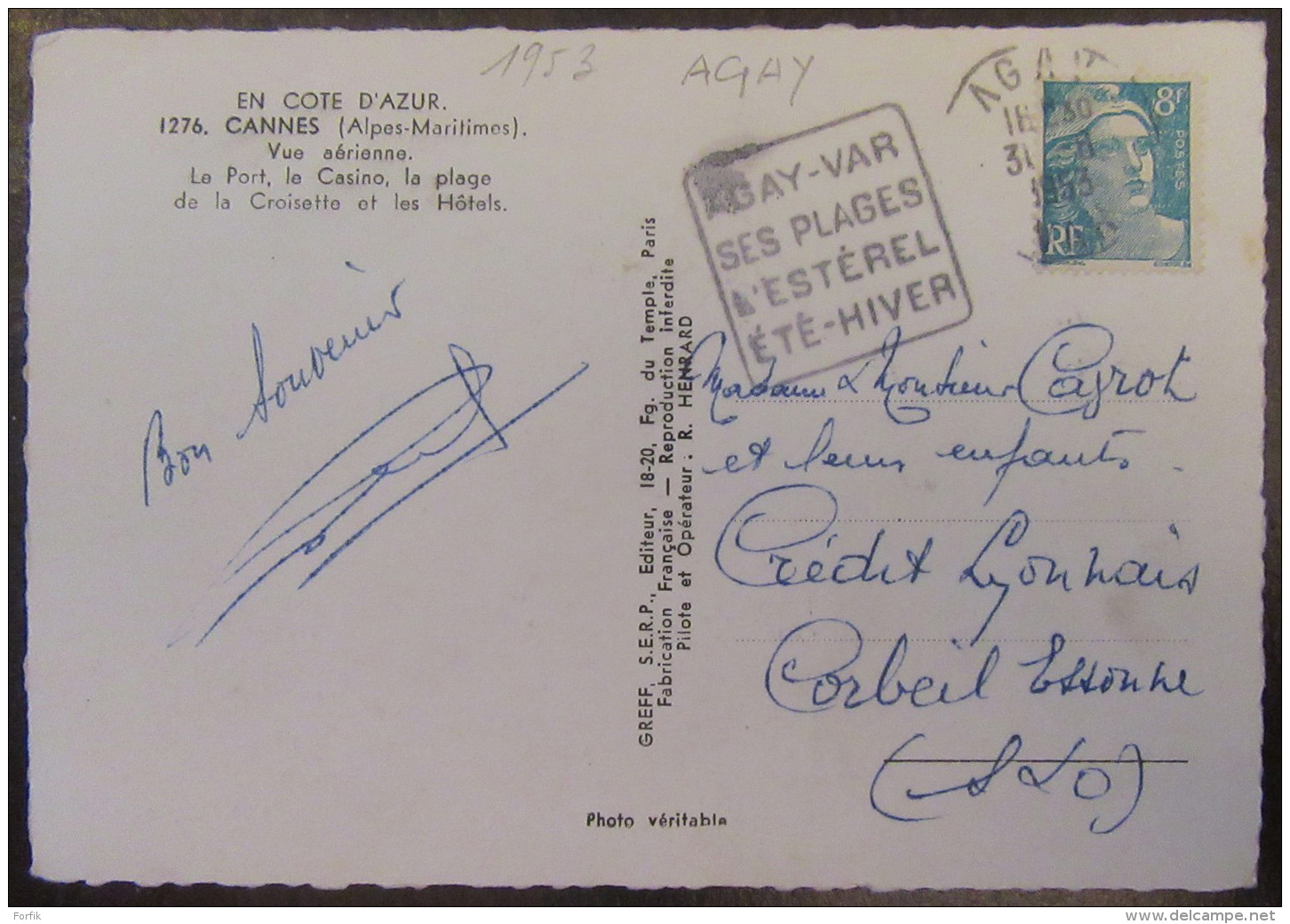 Flamme Daguin Agay-Var 1953 Sur Carte Postale Cannes - Timbre Marianne Gandon 8f YT N°810 - Oblitérations Mécaniques (flammes)