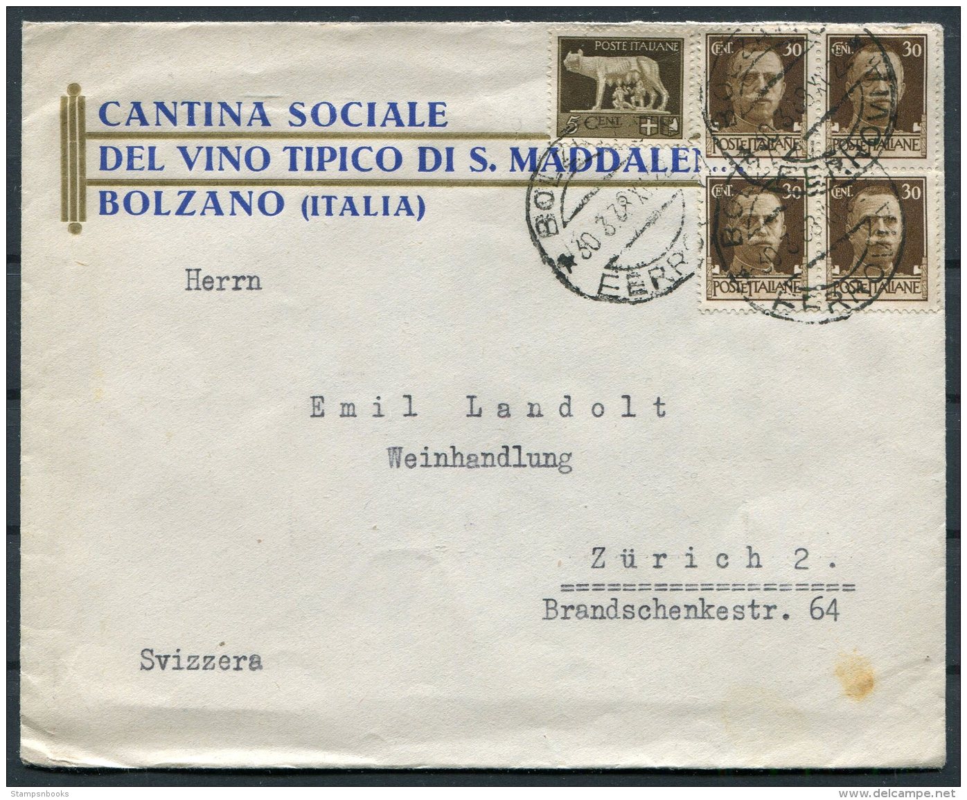 1938 Italy Bolzano Cover - Zurich Switzerland. Cantina Sociale Del Vino Tipico. Wine Advertising - Marcophilia