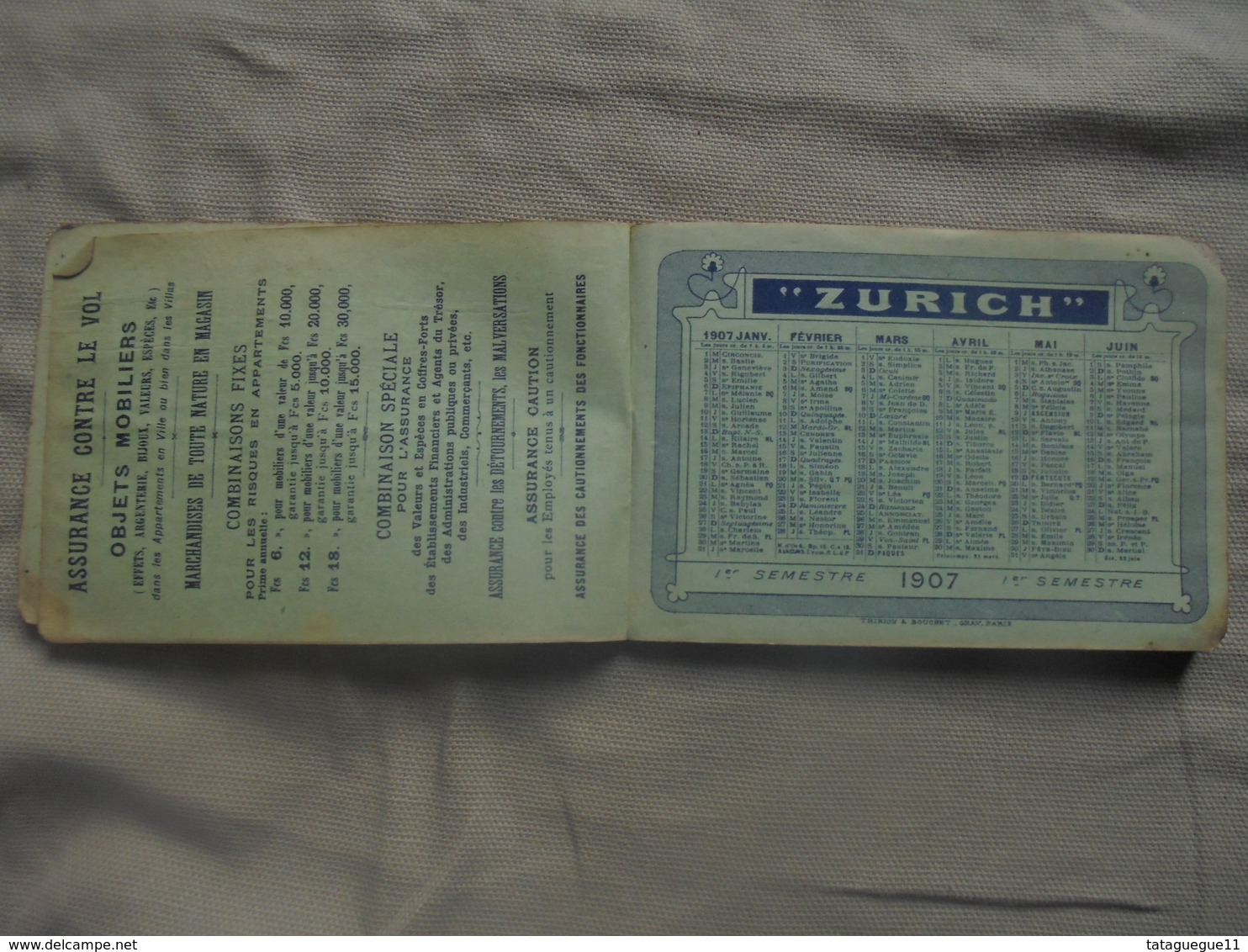 Ancien - Carnet + Calendrier 1907 Publicité "ZURICH" Assurances Paris - Small : 1901-20