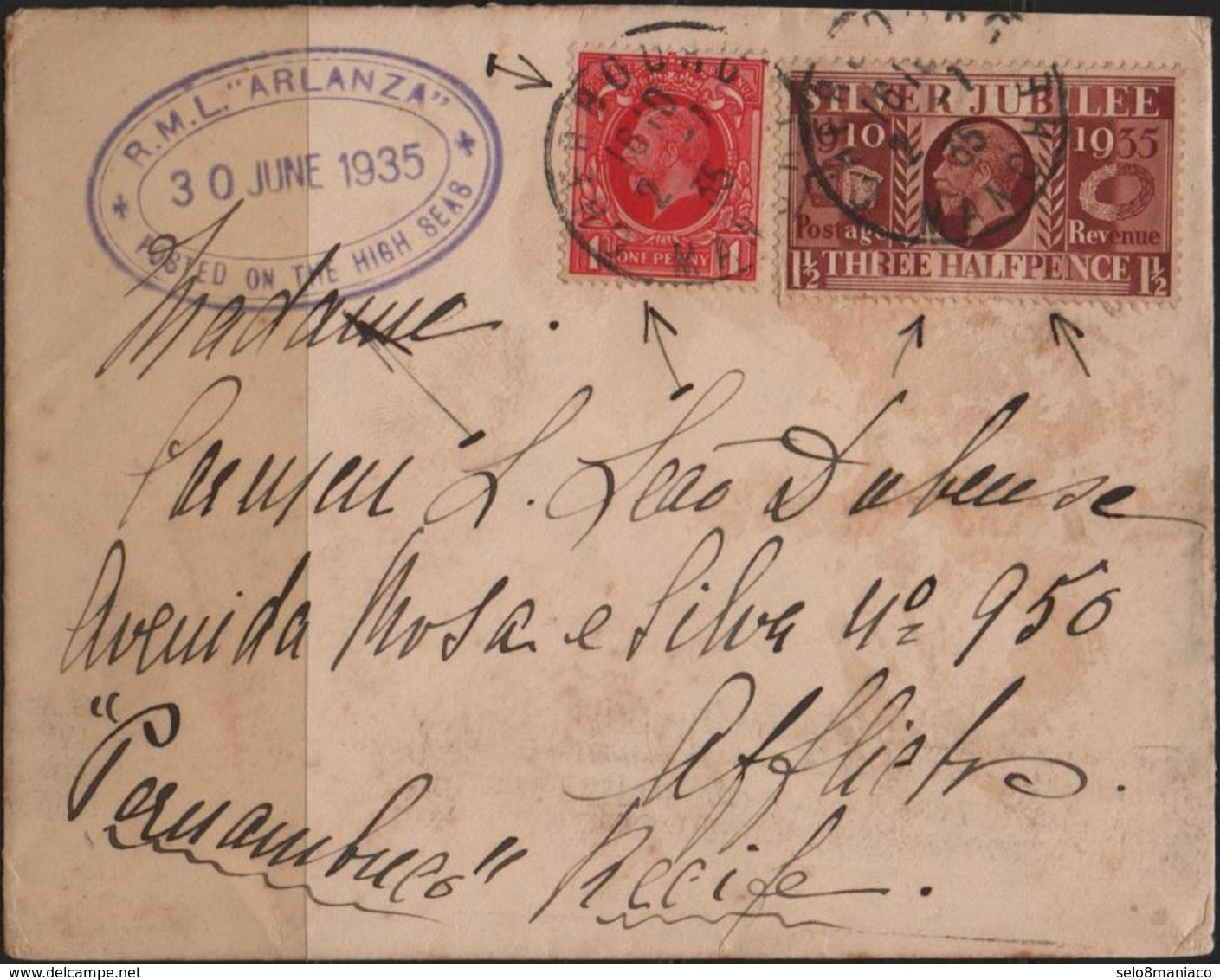 C3388-UK-Arlanza Ship Cover From Cherbourg/Manchester To Recife, Brazil-1935 - Postmark Collection