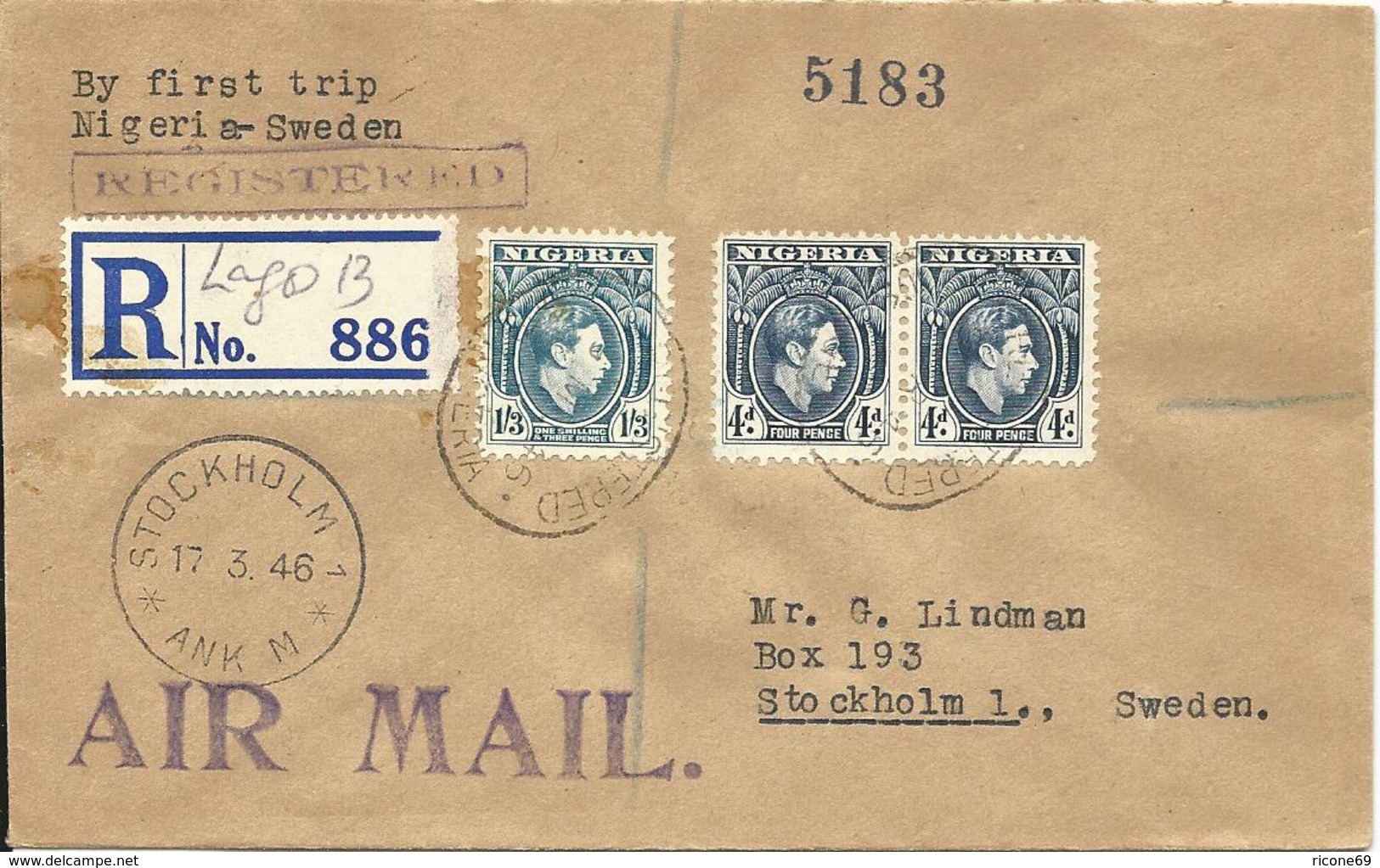 Nigeria 1946, 3 Stamps On Regd. Scandinavian Missionary Flight Cover To Sweden - Nigeria (1961-...)