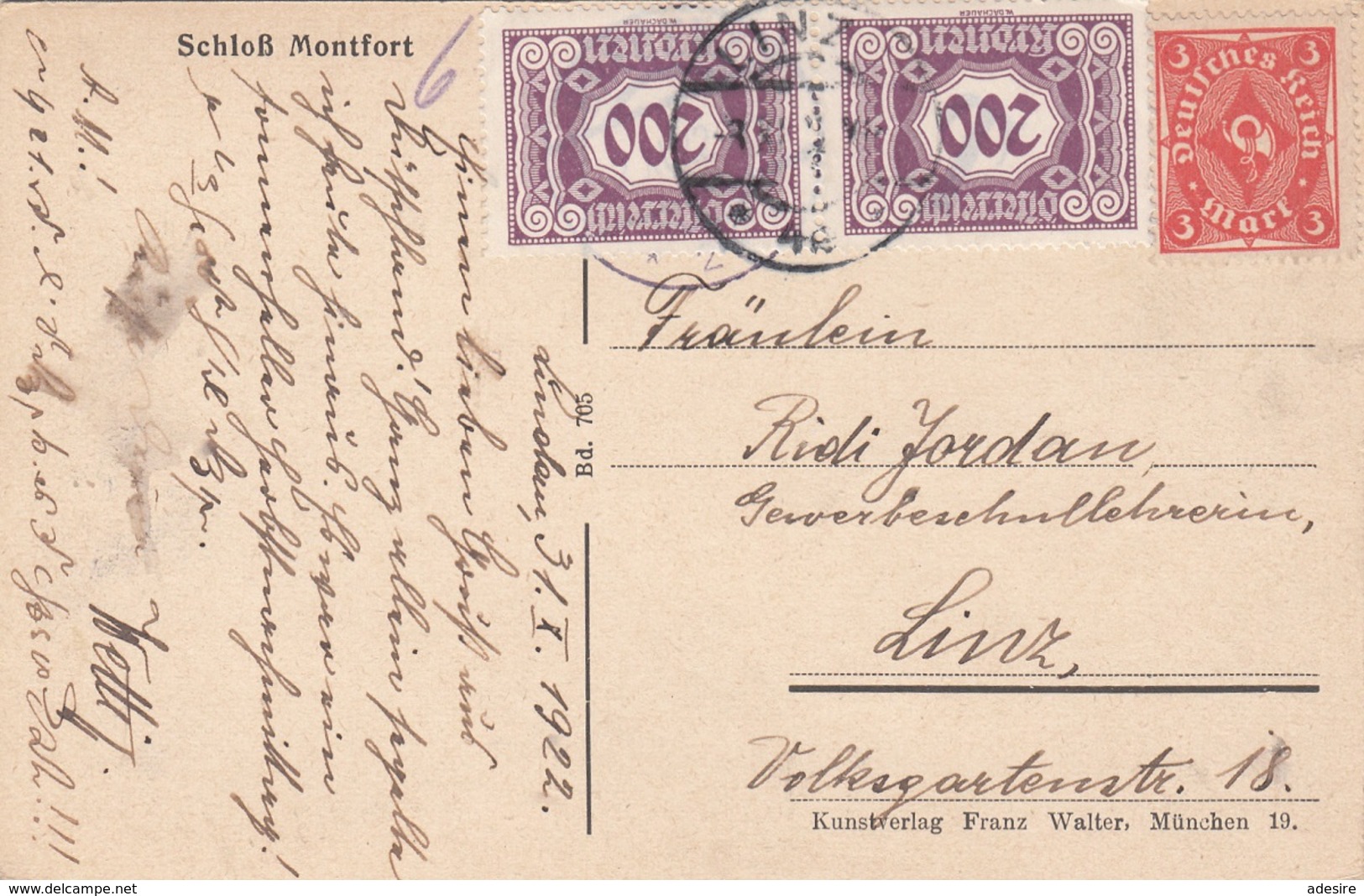 ÖSTERREICH 1922 - 3 Rpfg + 2x200 Kronen (Ank120) Nachporto Auf Ak Schloß MONFORT, Gel.v. Linz - Briefe U. Dokumente