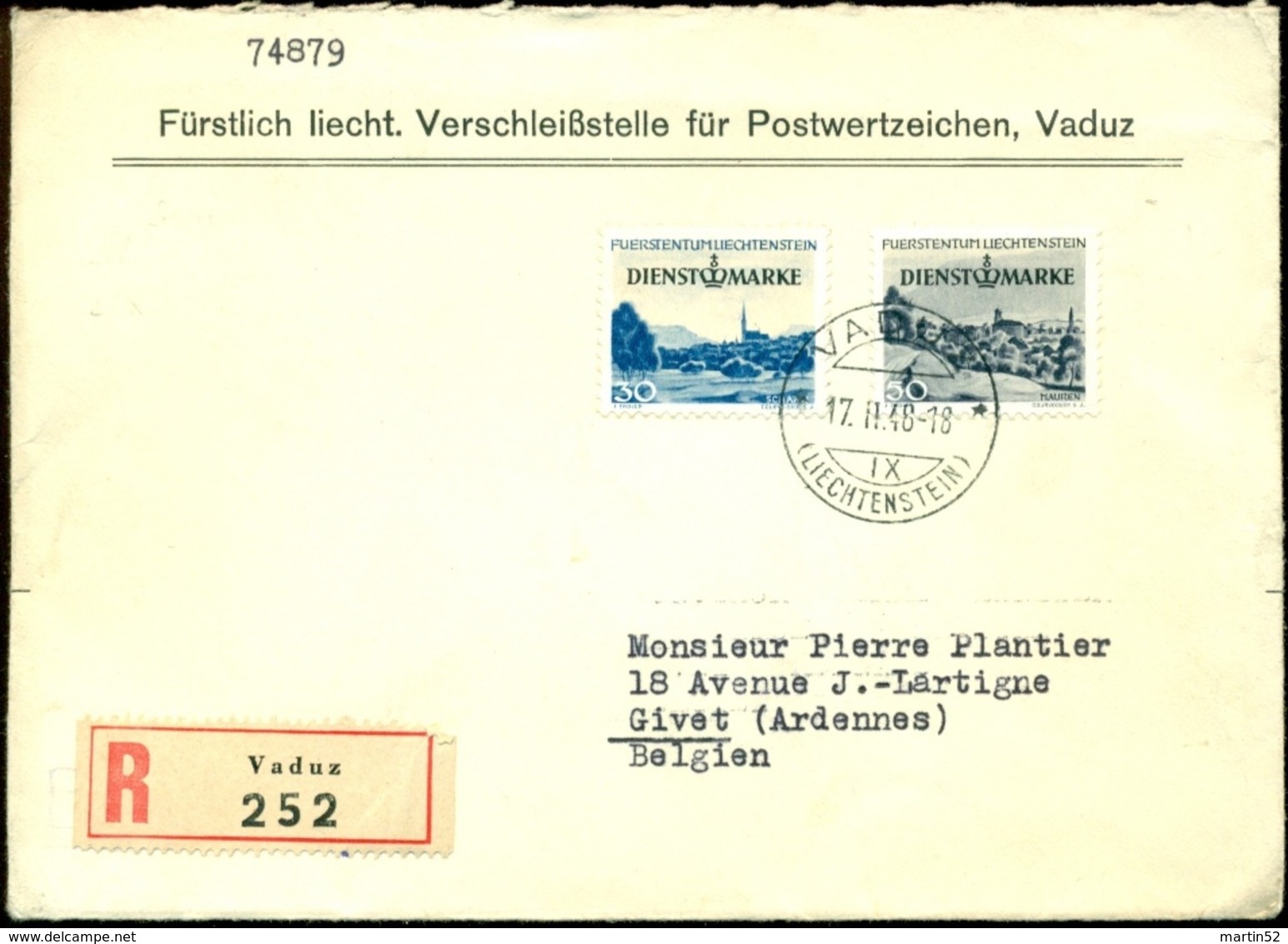 Liechtenstein 1937: R-Brief Mit Dienst 32+33 Mi 31+32 (30+50 Rp) Mit O VADUZ 17.II.48 Nach Givet, Belgien (Zu CHF 14.00) - Service