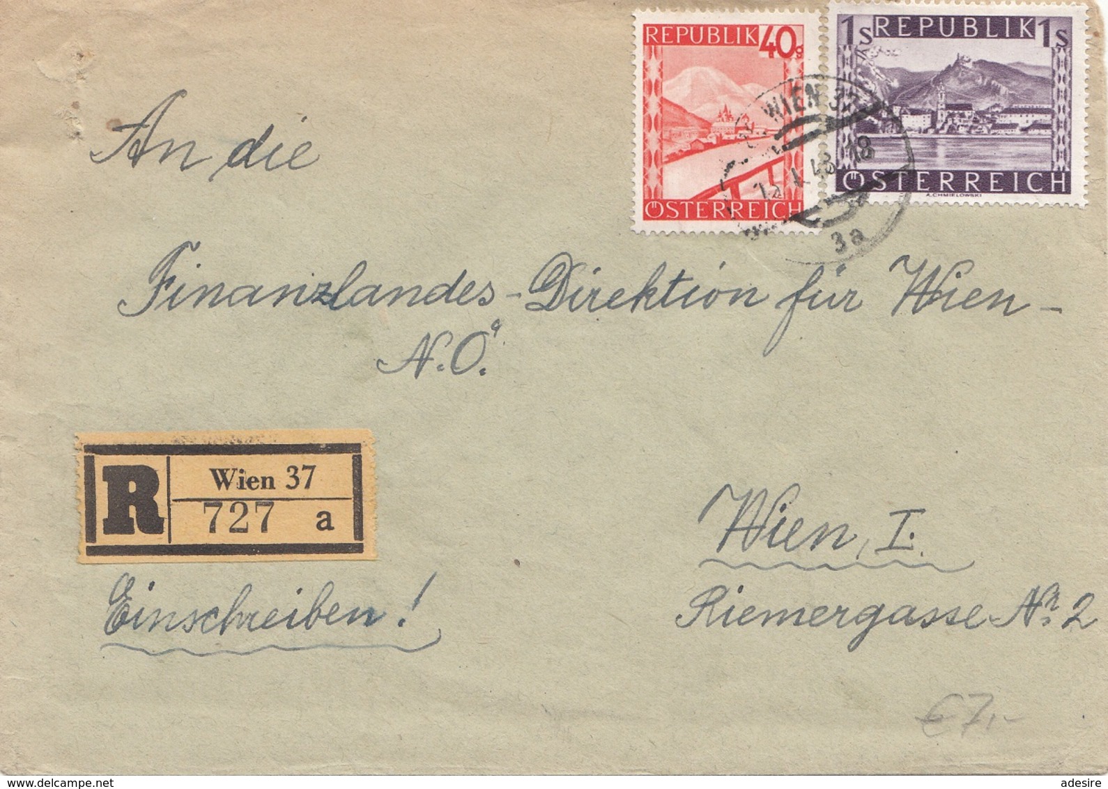 ÖSTERREICH 1948 - 40 Gro + 1 S (Ank853+859) Auf Reco-Brief, Gel.v. Wien37 > Wien I, Transportspuren - Briefe U. Dokumente