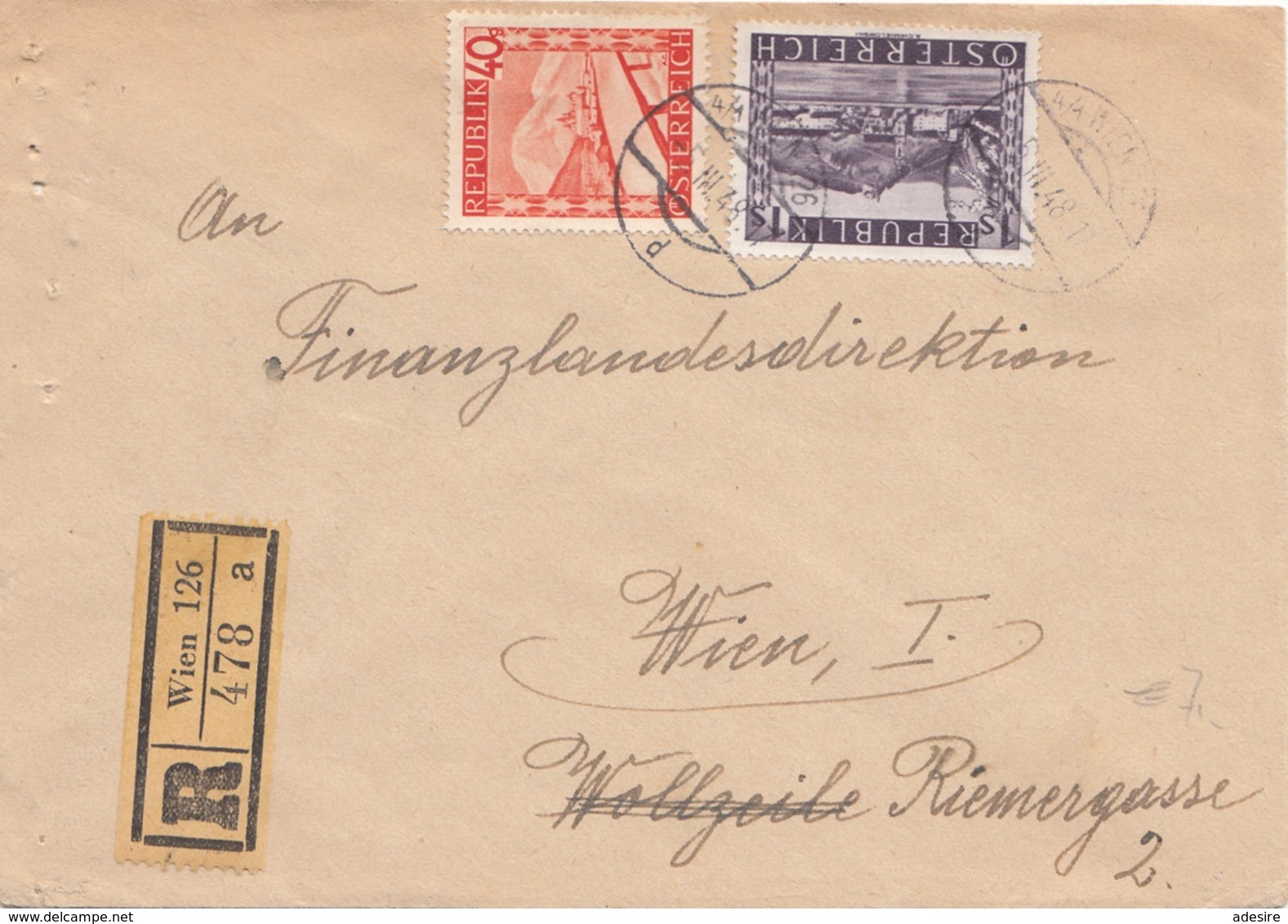 ÖSTERREICH 1948 - 40 Gro + 1 S (Ank853+859) Auf Reco-Brief, Gel.v. Wien126 > Wien I, Transportspuren - Briefe U. Dokumente