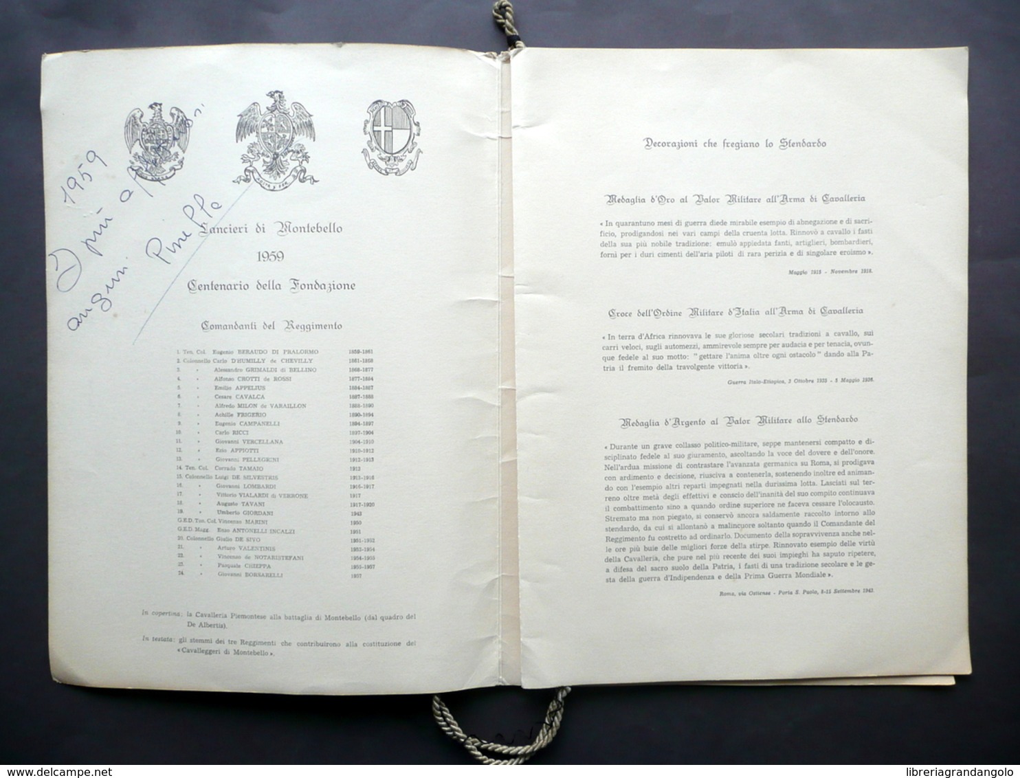 Lancieri Di Montebello Calendario 1959 Centenario Fondazione Comandanti Medaglie - Altri & Non Classificati