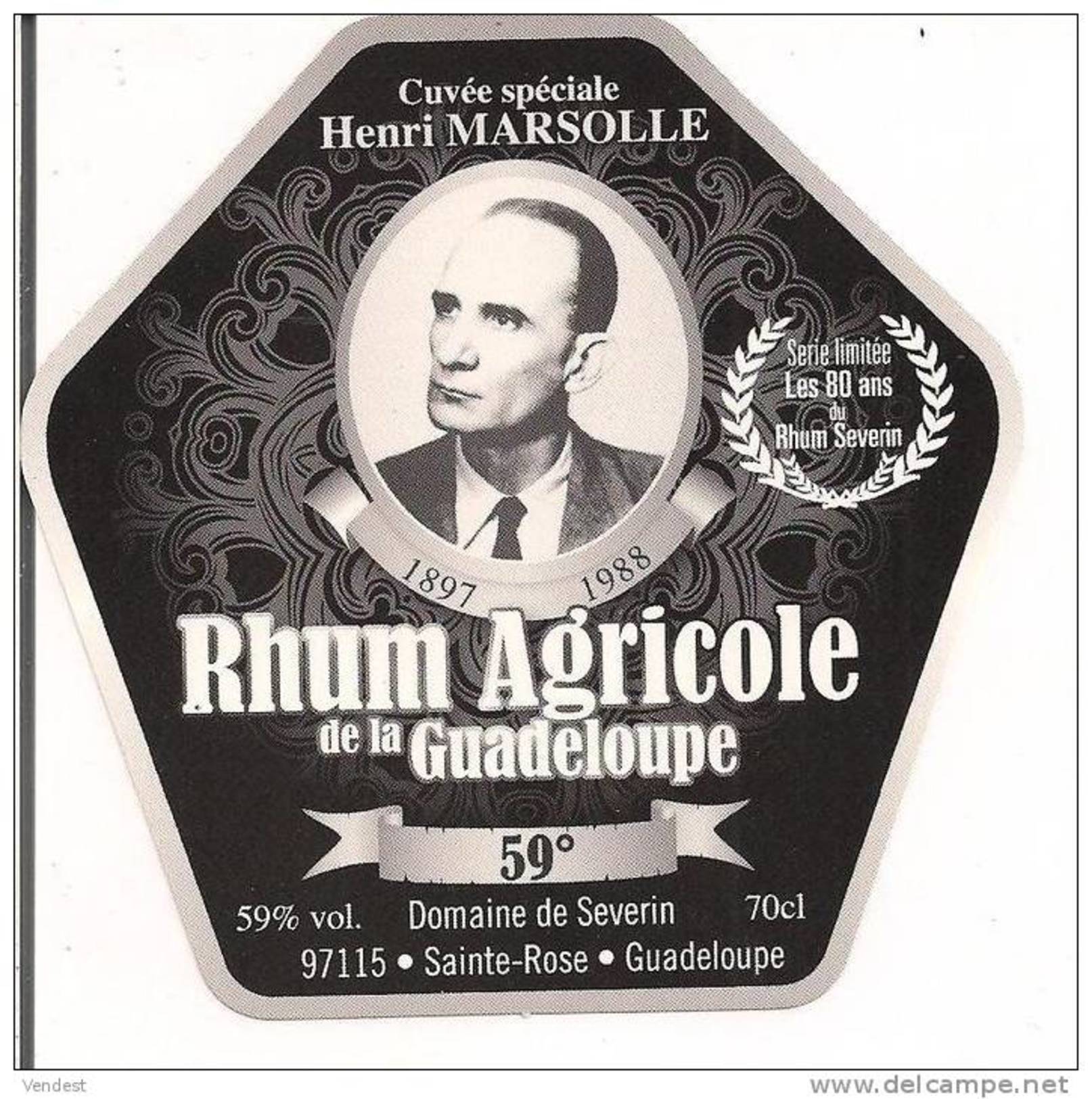 Etiquette  RHUM Agricole - Domaine De Séverin - Cuvée Henri Marsolle - 59% -  Série Limitée 80 Ans - GUADELOUPE -- - Rhum