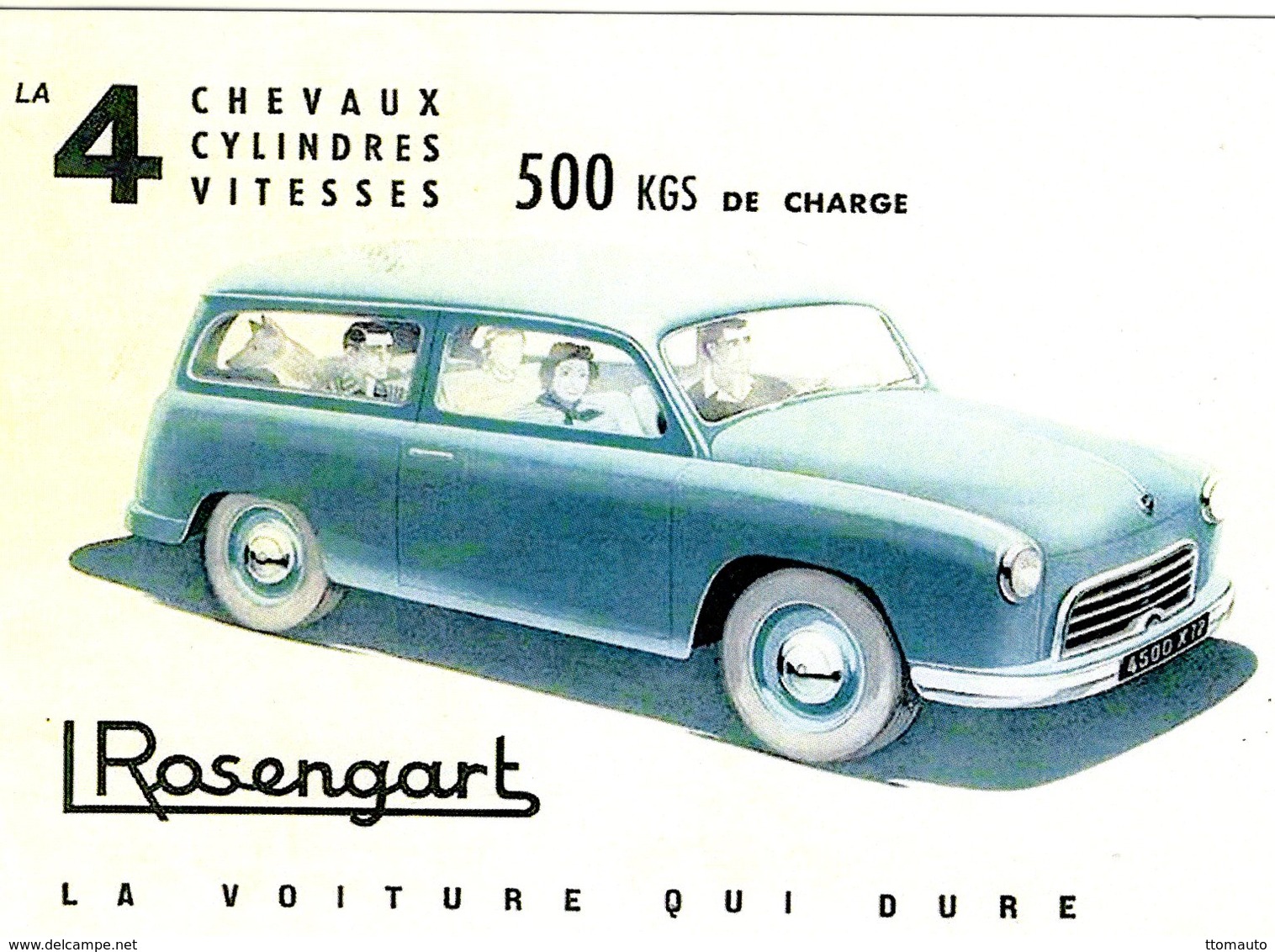 Rosengart 4CV  -  500kgs De Charge  -  1952  -  Publicité  -  Carte Postale Reproduction (CPR) - Voitures De Tourisme