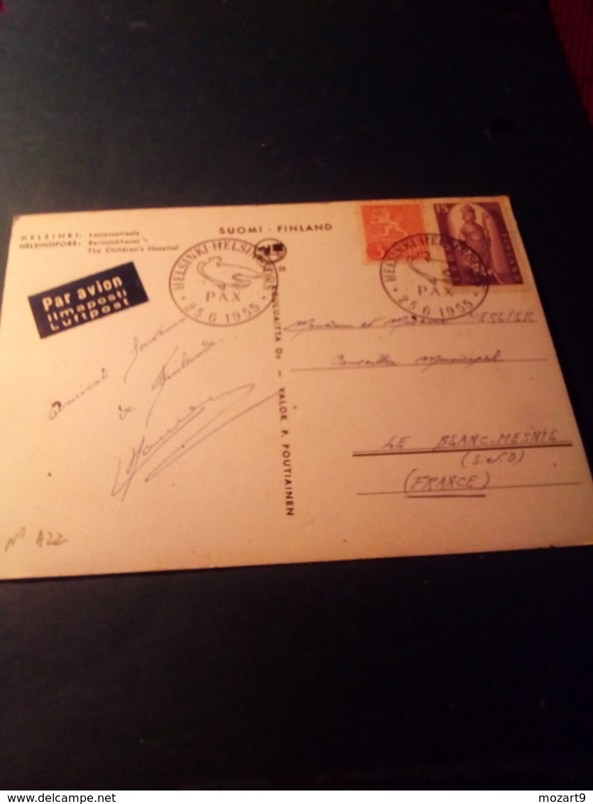 Carte Postale Aff N°422  Cachet HELSINKI  HELSINGFORS 1955  Pour La France Colombe De La Paix - Lettres & Documents