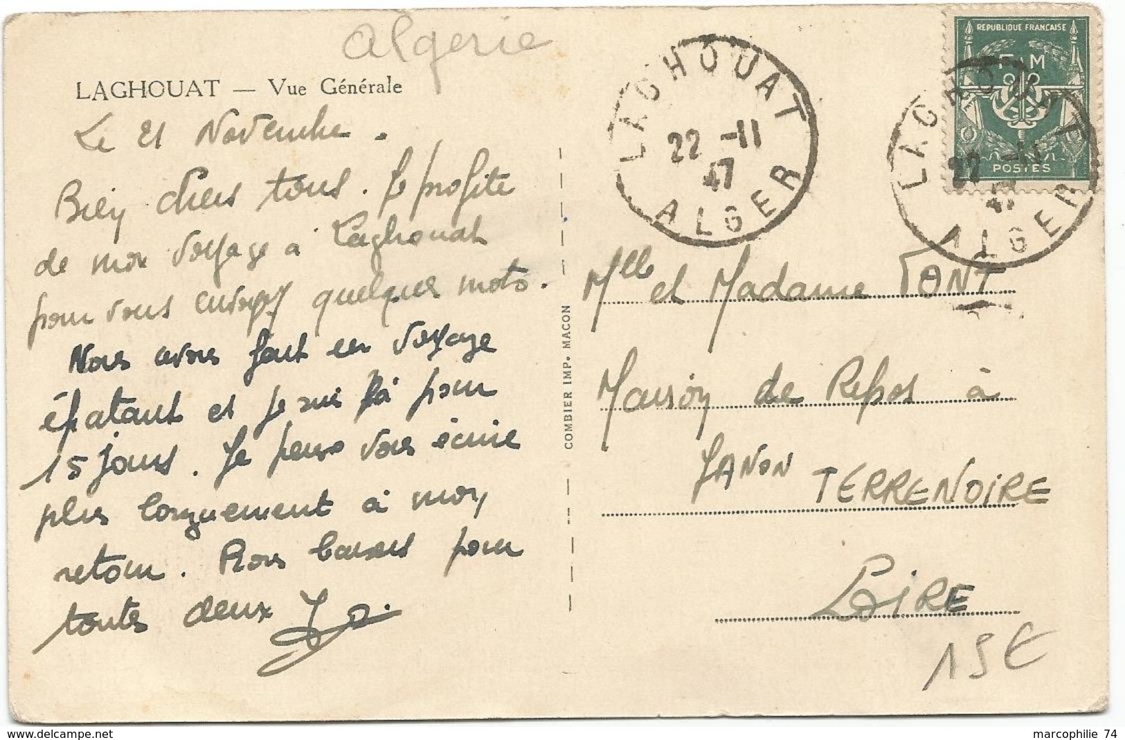 FM VERT CARTE LAGHOUAT 22.11.1947 ALGER CARTE PEU COMMUN - Military Postmarks From 1900 (out Of Wars Periods)