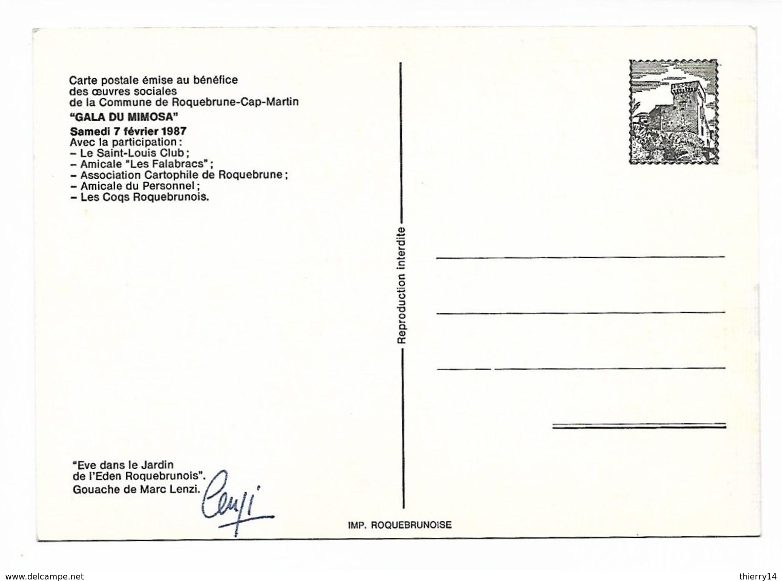 Marc Lenzi - Roquebrune-Cap-Martin (06) - Gala Du Mimosa 1987 - Carte Signée Par L'artiste - Lenzi