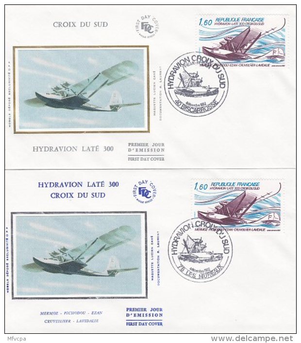 L4R055 FRANCE 1982 Avions FDC Croix Du Sud 1,60f Les Mureaux Biscarrosse  04 12 1982 / 2 Envel.  Illus. - 1980-1989