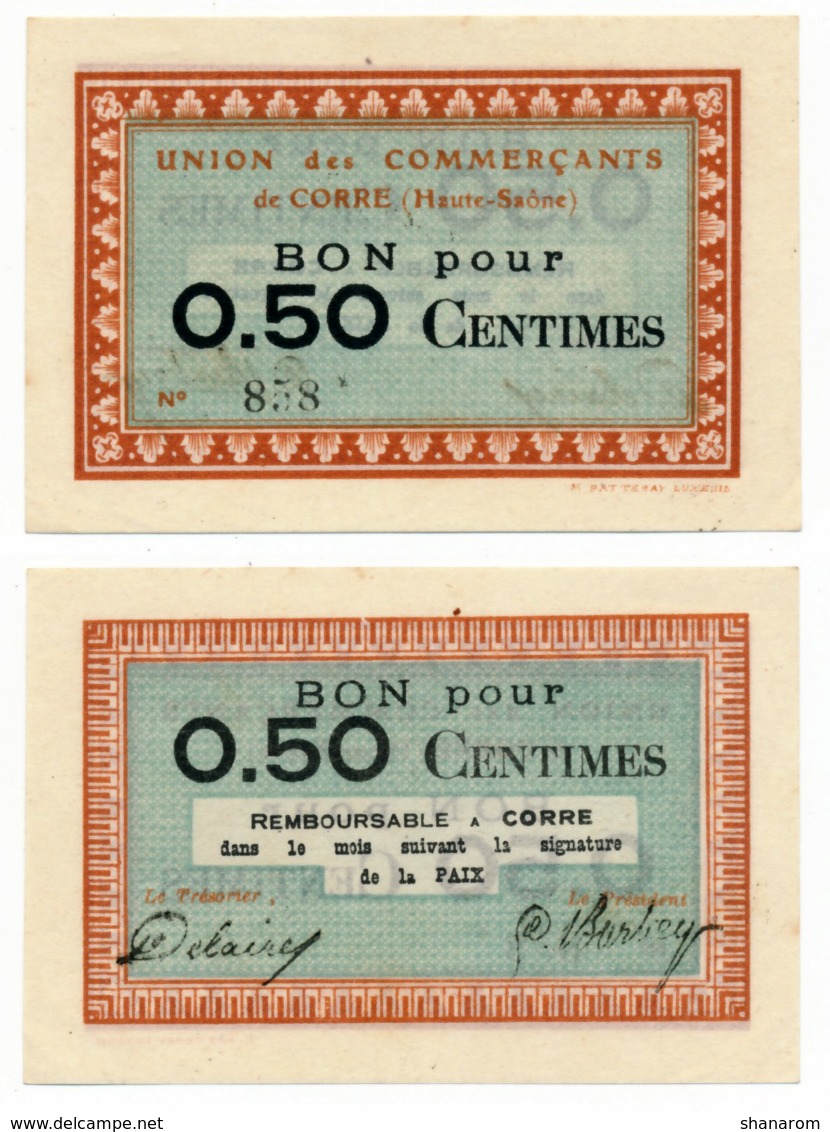 1914 - 1918 // Haute Saône // Ville De Corre //  Bon De Cinquante Centimes - Bonds & Basic Needs