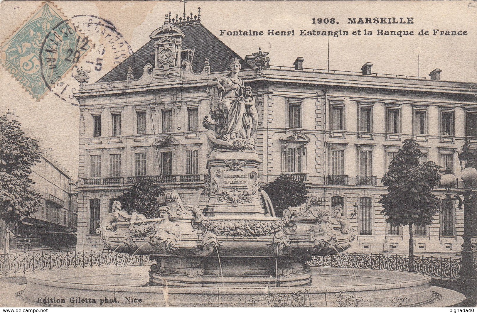 Cp , 13 , MARSEILLE , Fontaine Henry Estrangin Et La Banque De France - Canebière, Centre Ville