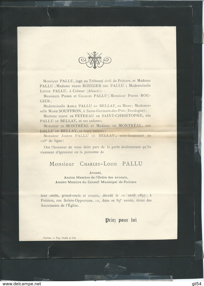 Poitiers   / F.P. Décès De M Charles-Louis Pallu , Avocat , Le 10/04/1897-  Lot20207 - Décès