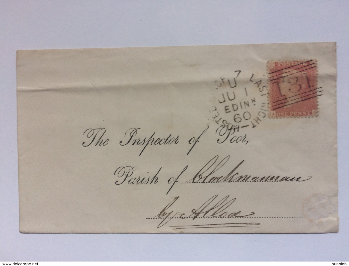 GB - Victoria 1860 Cover With Edinburgh Duplex - Posted Since 7 Last Night - To Alloa - Inspector Of Poor - Lettres & Documents