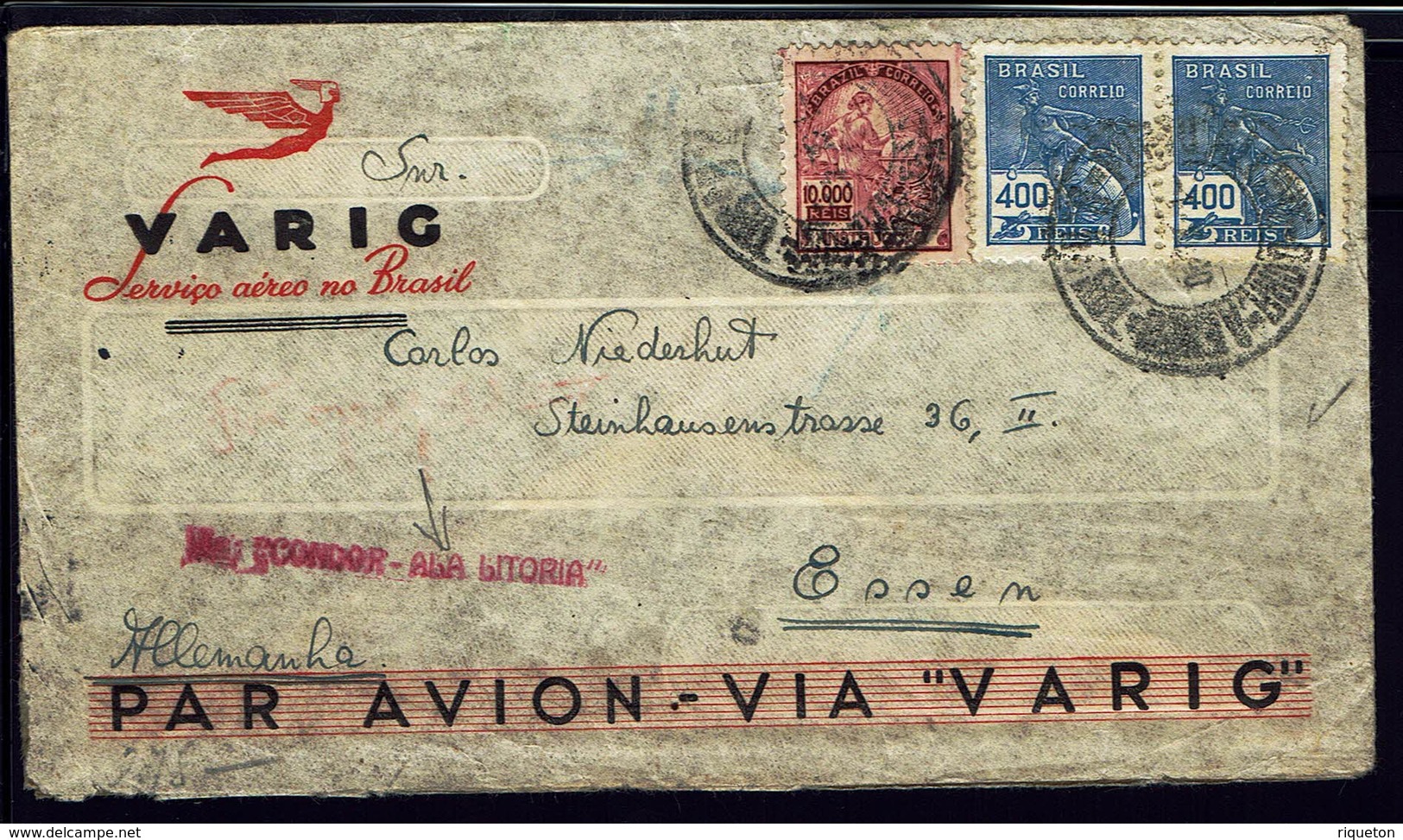 BRESIL - 1940 "Varig Servicio Aéréo No Brasil" Enveloppe De Porto Alègre, Via Condor "Aba Bitoria" Pour Essen - Censure. - Poste Aérienne (Compagnies Privées)