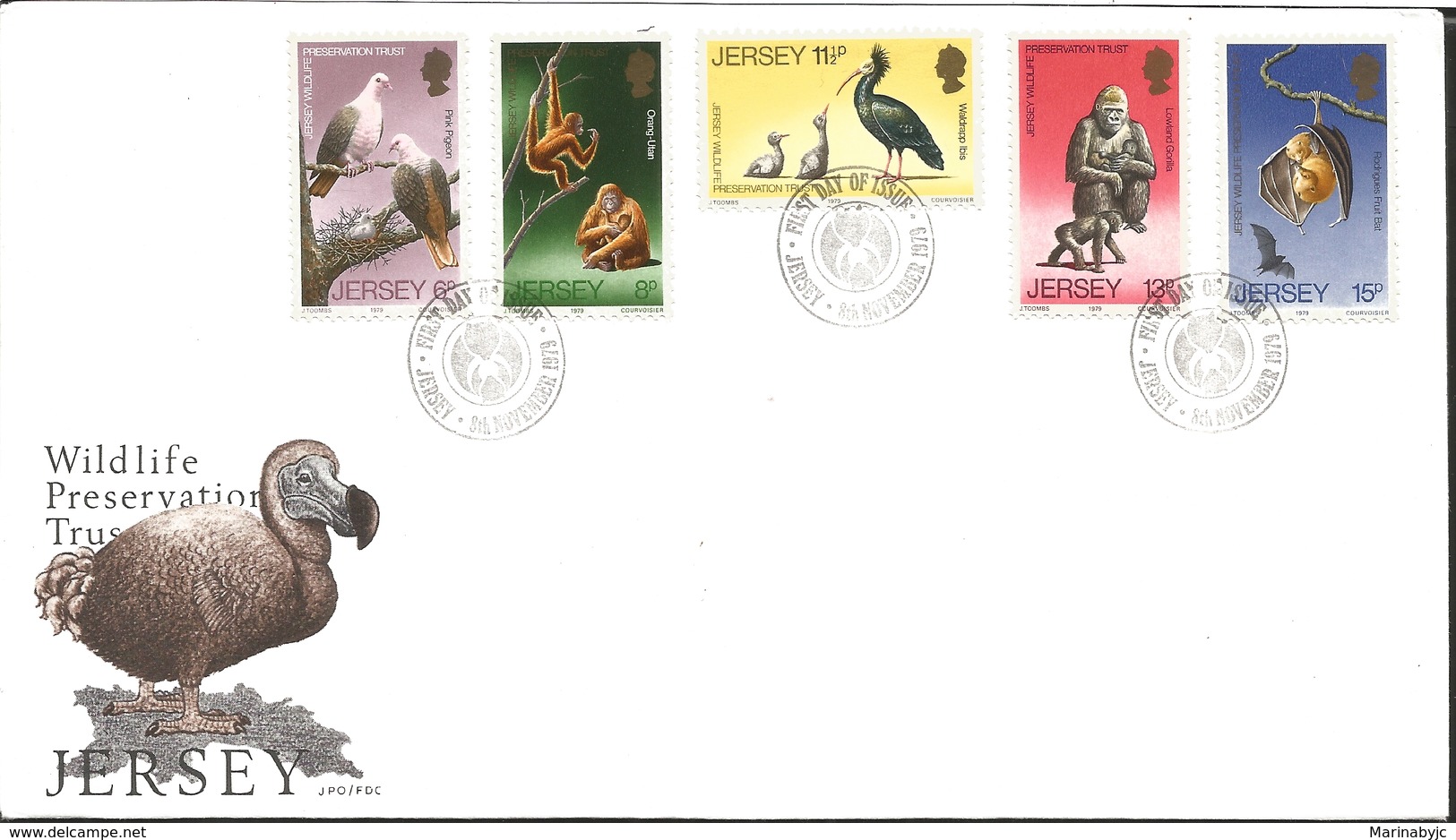 J) 1979 GREAT BRITAIN, JERSEY WILDLIFE PRESERVATION TRUST, PINK PIGEON, ORANG-UTAN, WALDRAPP IBIS, LOWLAND GORILLA, RODR - Covers & Documents