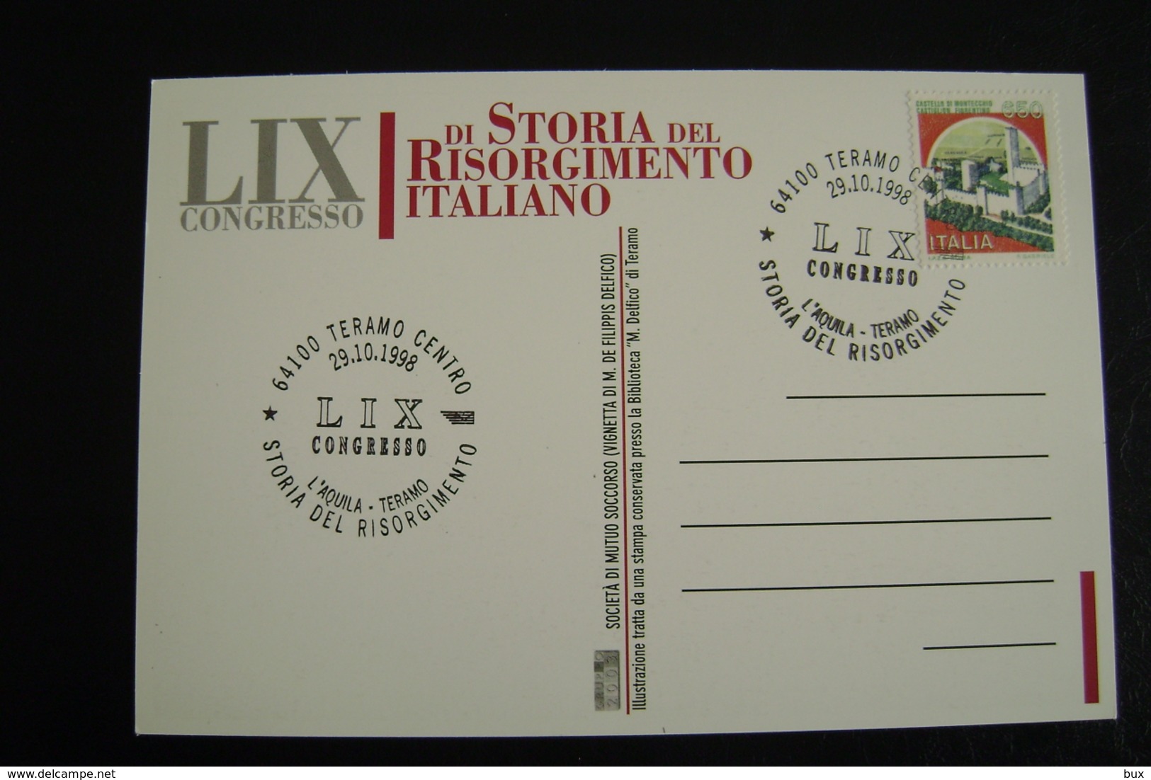 Congresso Di Storia Del Risorgimento Italiano 1998   L'Aquila  Teramo  FDC    FIRST DAY  PREMIER JOUR  MAXIMUM - Francobolli (rappresentazioni)