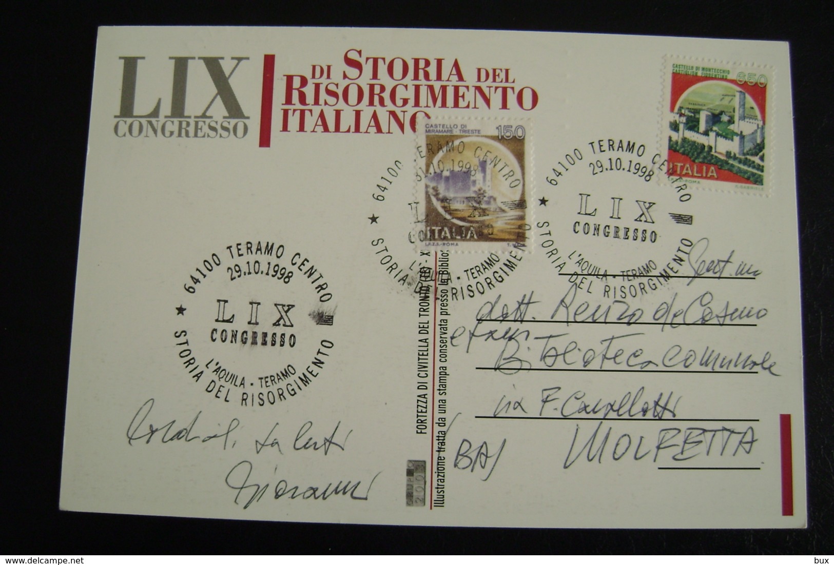 Congresso Di Storia Del Risorgimento Italiano 1998   L'Aquila  Teramo  VIAGGIATA A MOLFETTA  FDC    FIRST DAY  MAXIMUM - Francobolli (rappresentazioni)