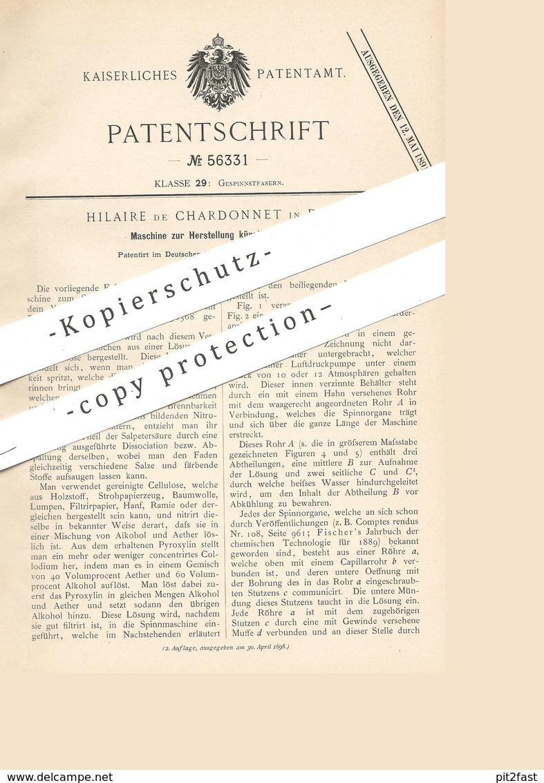 Original Patent - Hilaire De Chardonnet , Paris , Frankreich , 1890 , Spinnen Künstlicher Seide | Cellulose | Stoff !! - Historische Dokumente