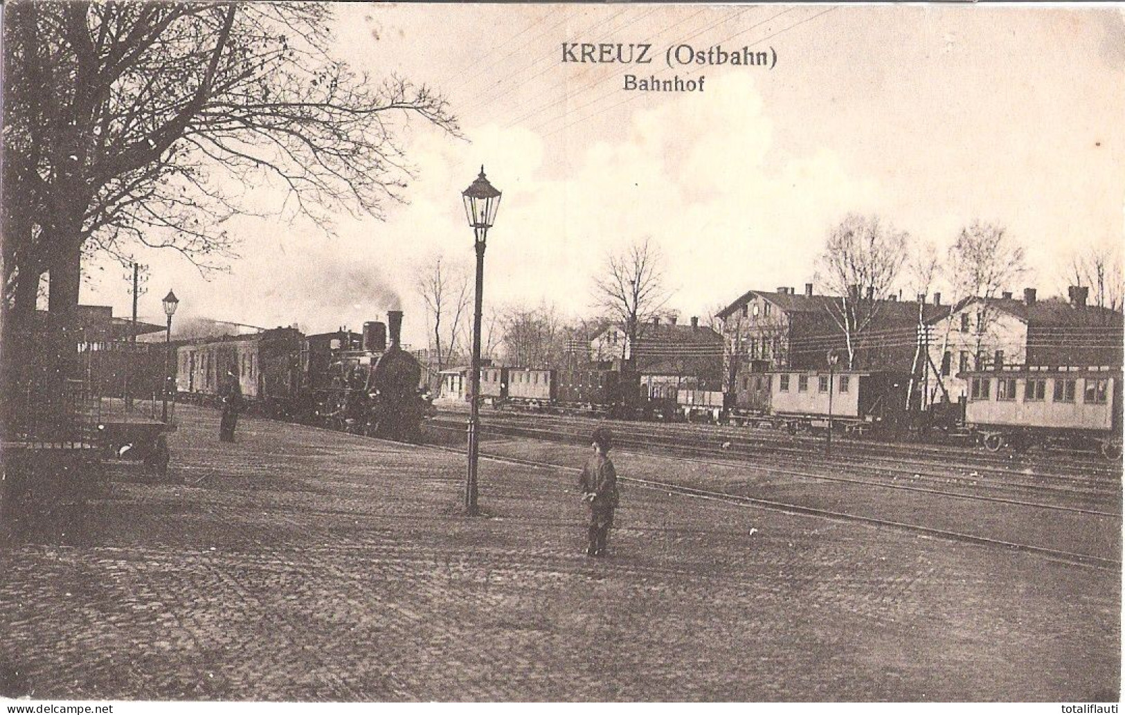 KREUZ Ostbahn Krzyz Bahnhof Gleisseite Dampflok Belebt Bahnhofsvorsteher + Sohn Gelaufen Als Feldpost 19.6.1915 - Posen