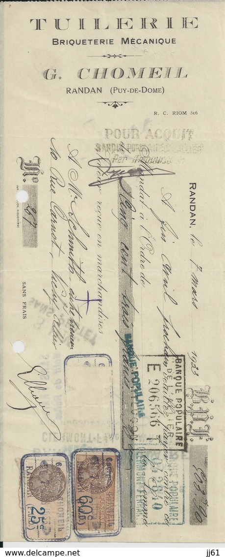 RANDAN G CHOMEIL TUILERIE BRIQUERIE MECANIQUE A MR SCHMITT A VICHY ANNEE 1932 CACHET TIMBRE - Autres & Non Classés