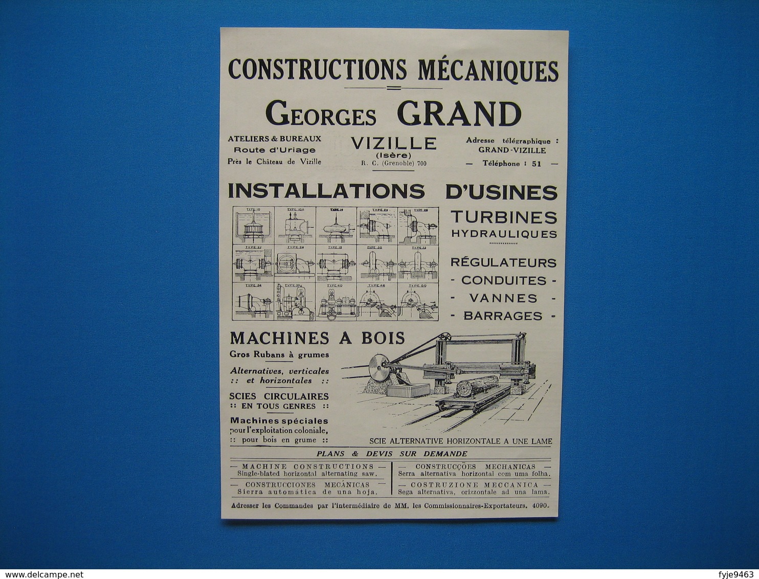 (1927) Constructions Mécaniques, Installations D'Usines, Machines à Bois - GEORGES GRAND - Vizille (Isère) - Publicidad