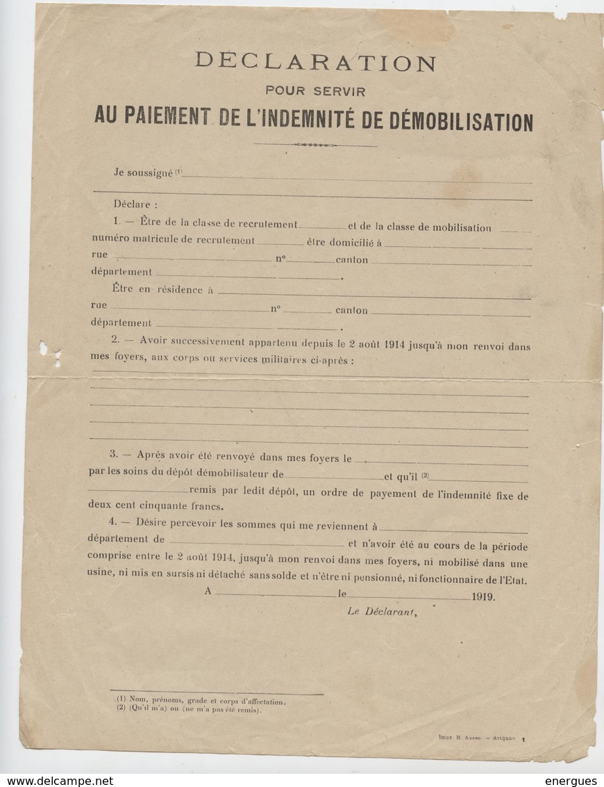 Guerre De 14, Déclaration Pour Paiement De L'indemnité De Démobilisation, Vierge, 1919 - Documents